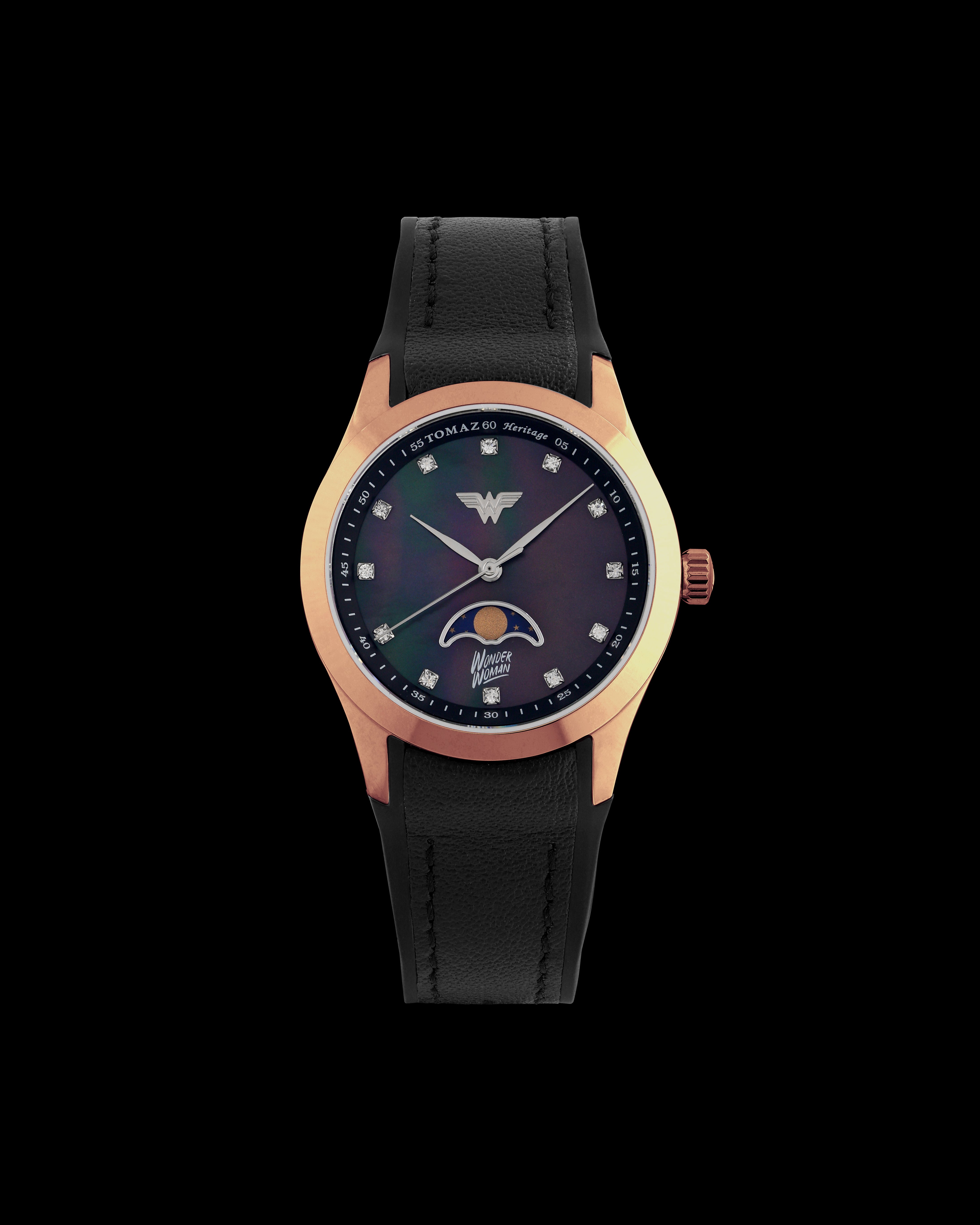 DC Wonder Woman G10L-AD6 (Rosegold/Hitam) dengan Tali Kulit Getah Hitam