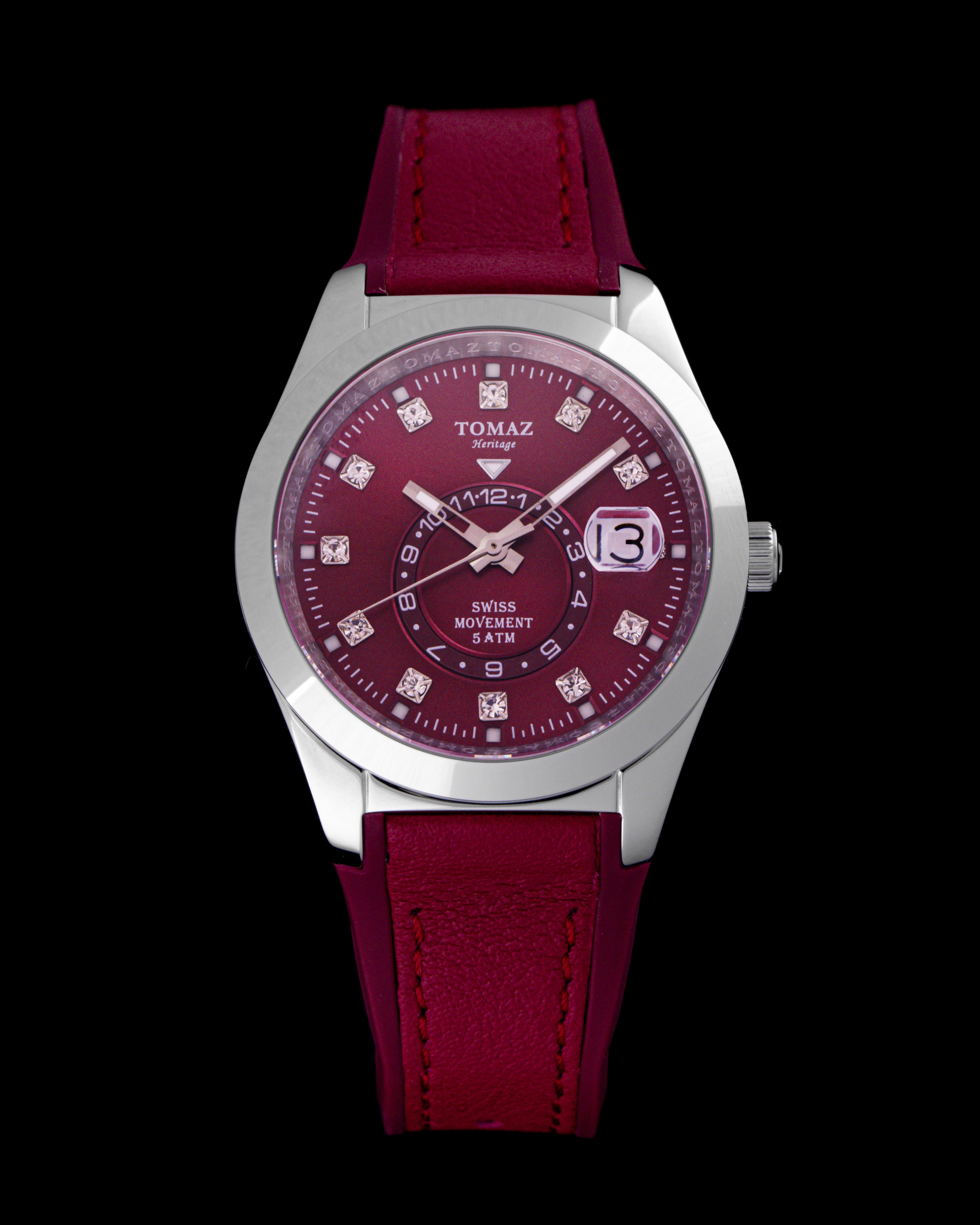 Jam Tangan Wanita Tomaz G4L-CD19 (Perak/Merah) dengan Tali Kulit Kristal dan Getah Merah