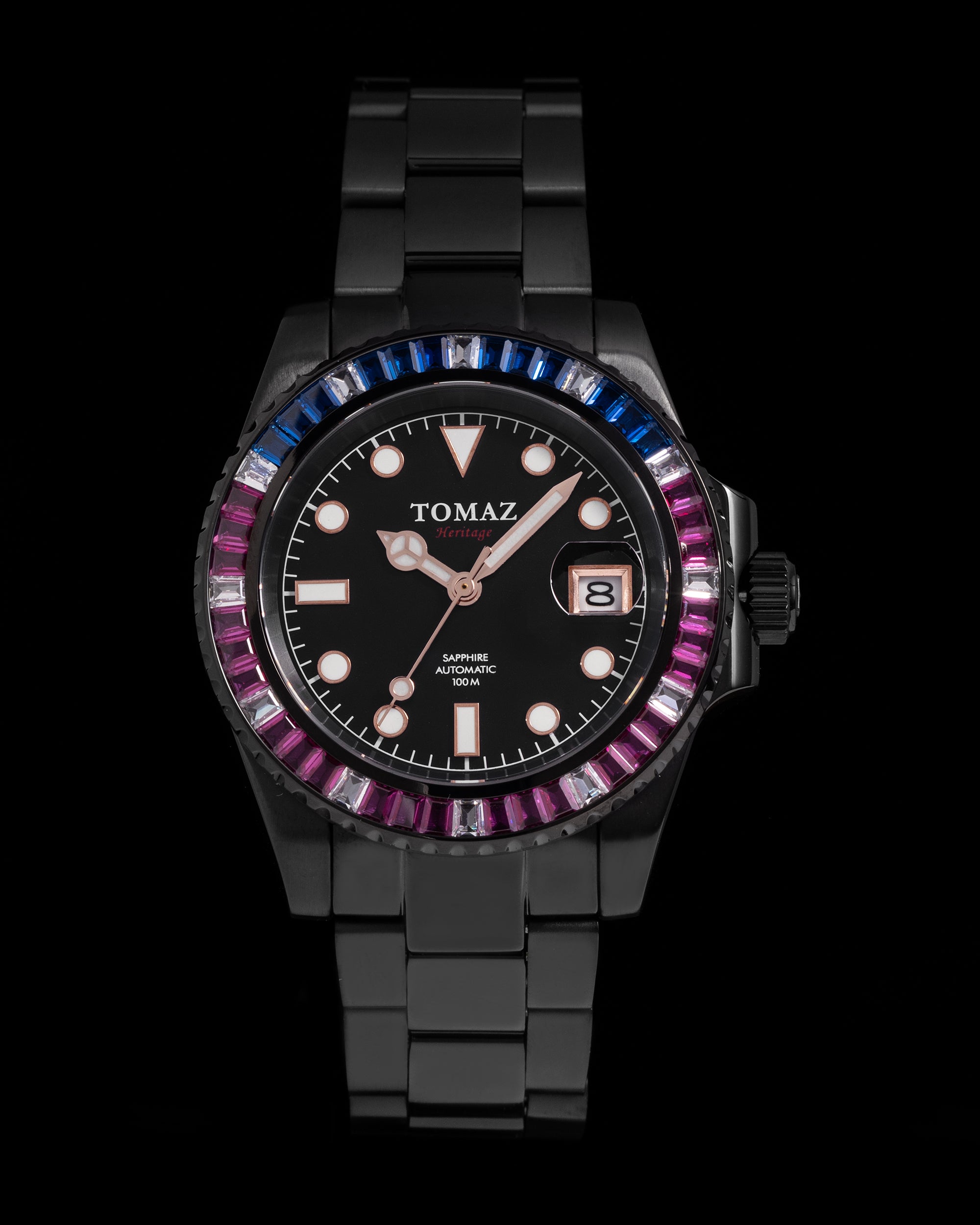 Tomaz Men's Watch GR01BS-D9 (Black) with Purple Navy White Swarovski (Black Stainless Steel)