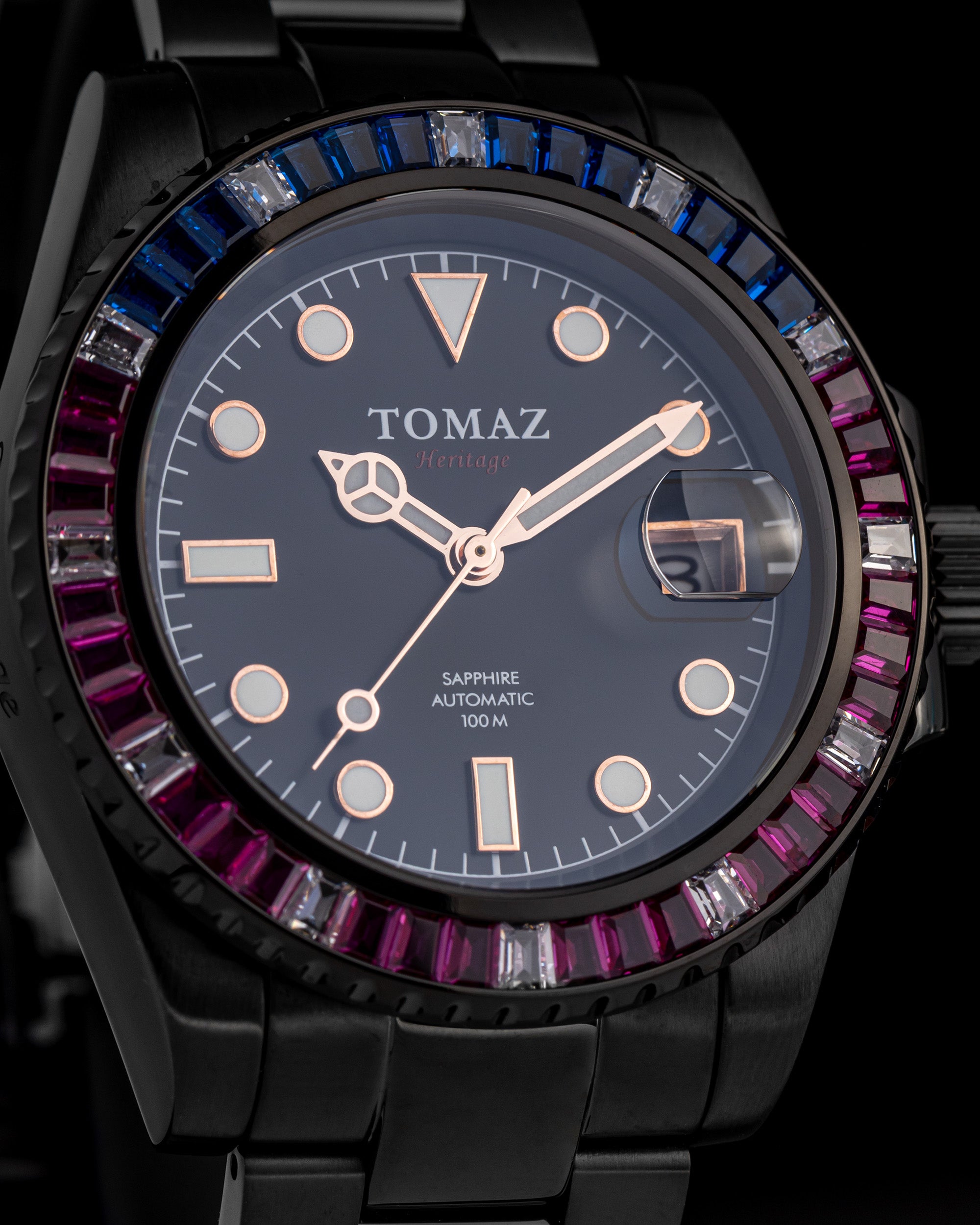 Tomaz Men's Watch GR01BS-D9 (Black) with Purple Navy White Swarovski (Black Stainless Steel)