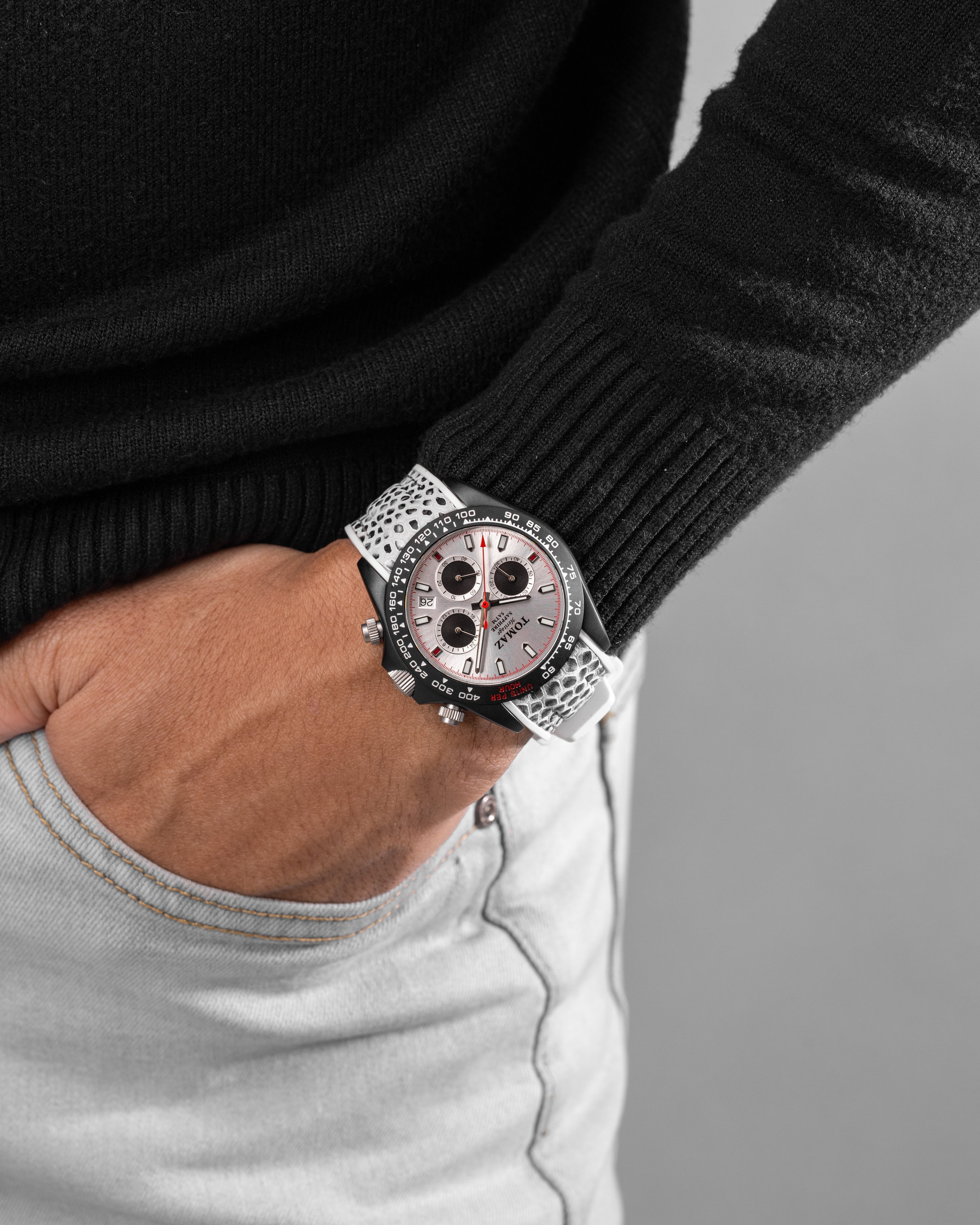 Tomaz Men's Watch GR02-AD21 (Black/White) and White Rubber Leather Strap