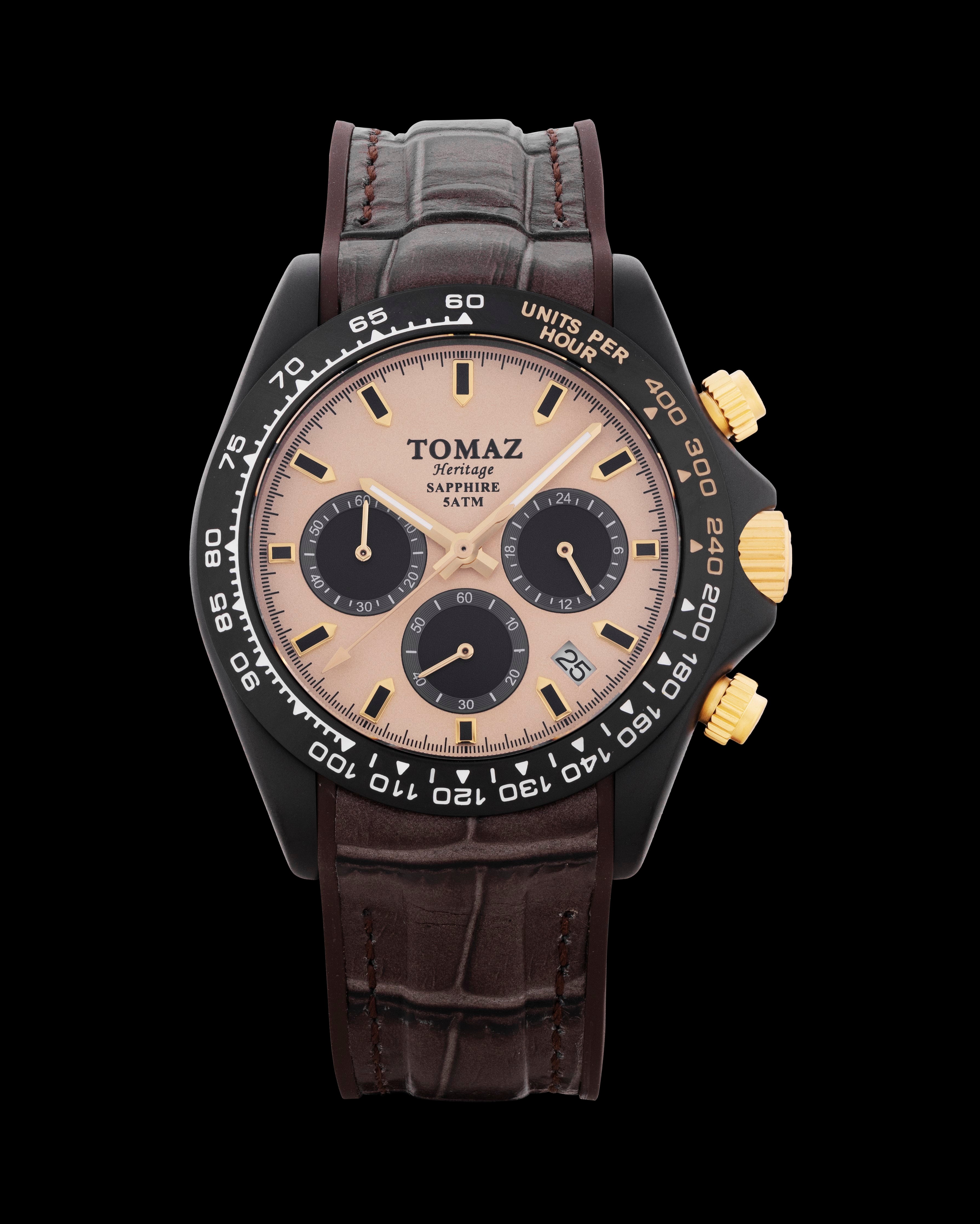 Jam Tangan Lelaki Tomaz GR02-AD24 (Hitam/Beige) dengan Tali Kulit Getah Coklat