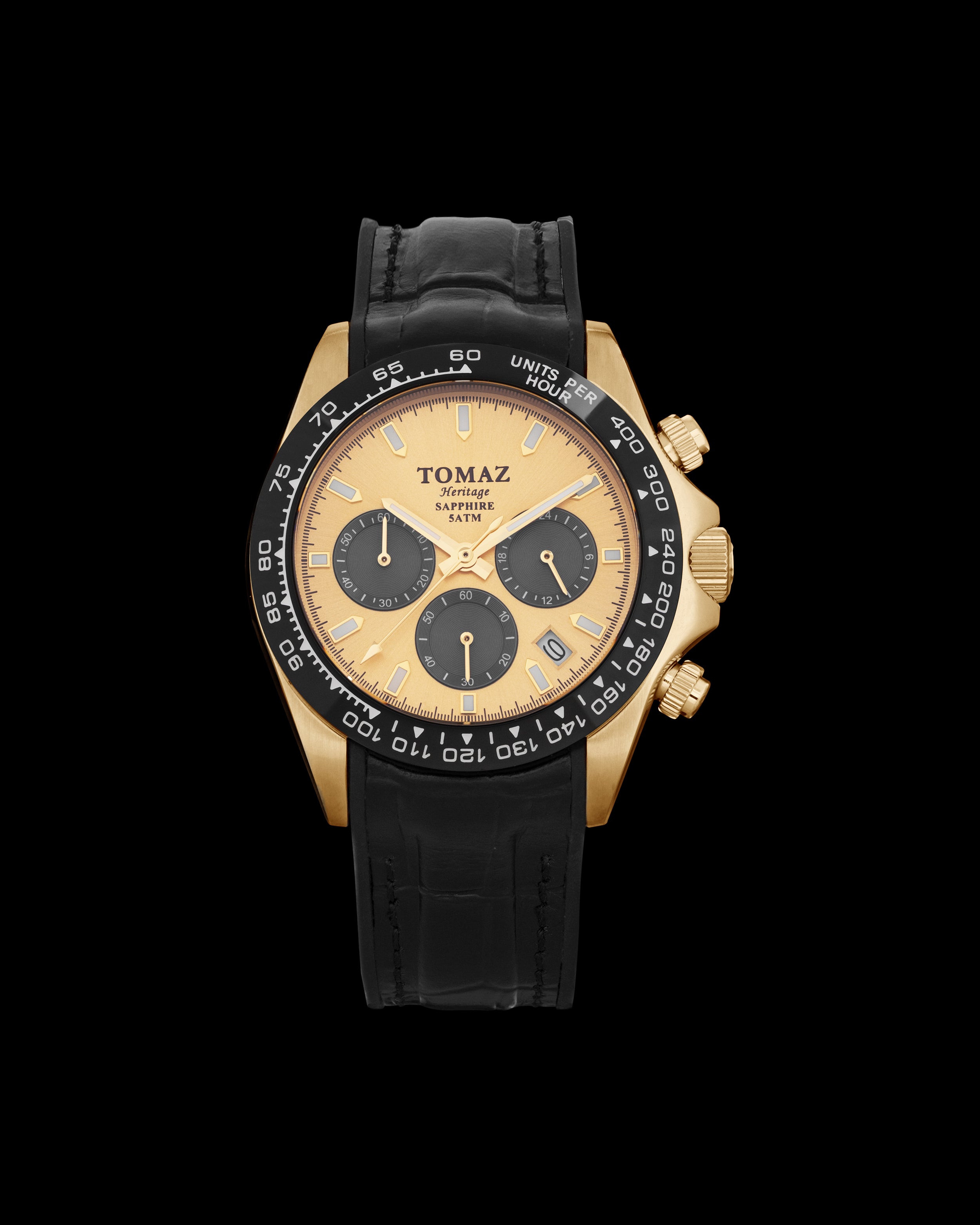 Jam Tangan Lelaki Tomaz GR02-AD29 (Emas/Hitam) dengan Tali Kulit Getah Buluh Hitam