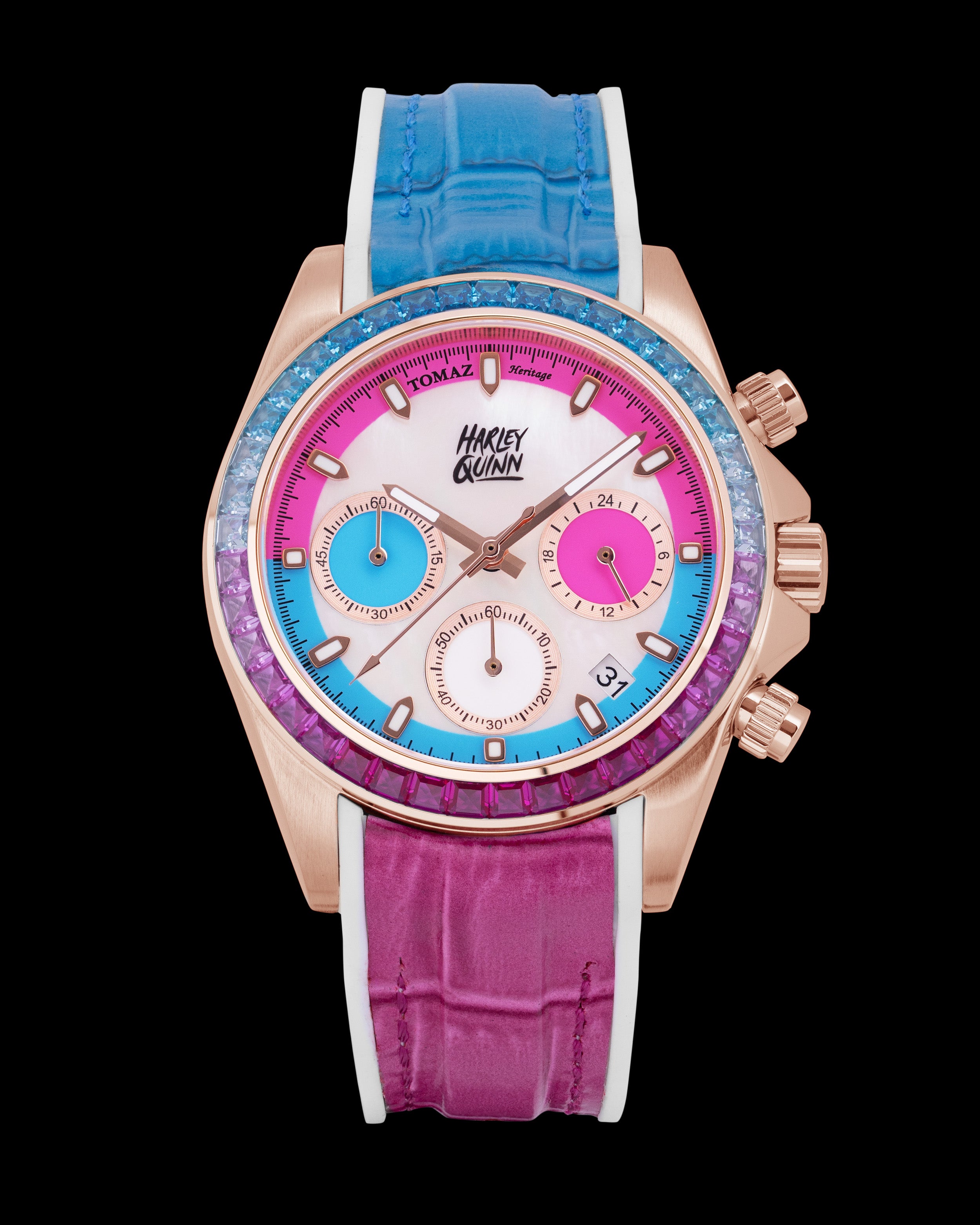 DC Harley Quinn GR02L-A1D3 (Rosegold/Putih) dengan Kristal Merah Jambu Biru (Tali Kulit Merah Jambu Biru)