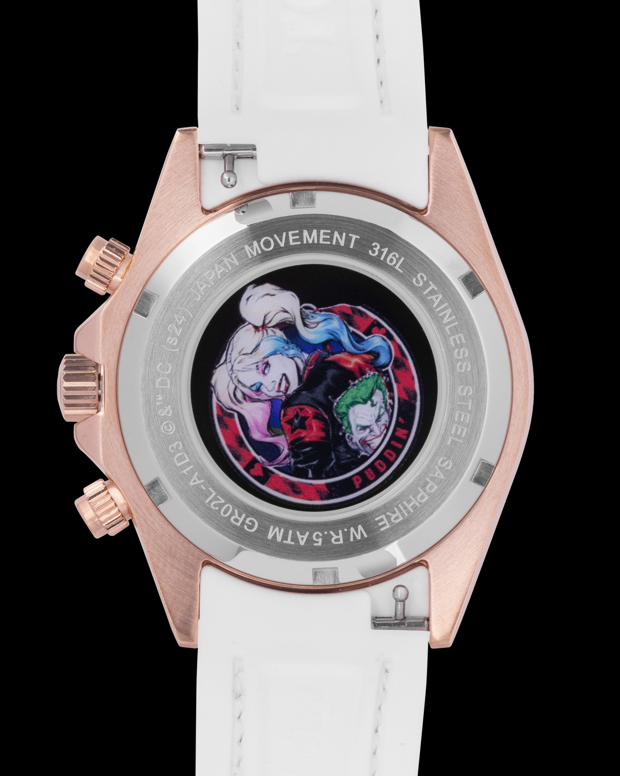 DC Harley Quinn GR02L-A1D3 (Rosegold/Putih) dengan Kristal Merah Jambu Biru (Tali Kulit Merah Jambu Biru)