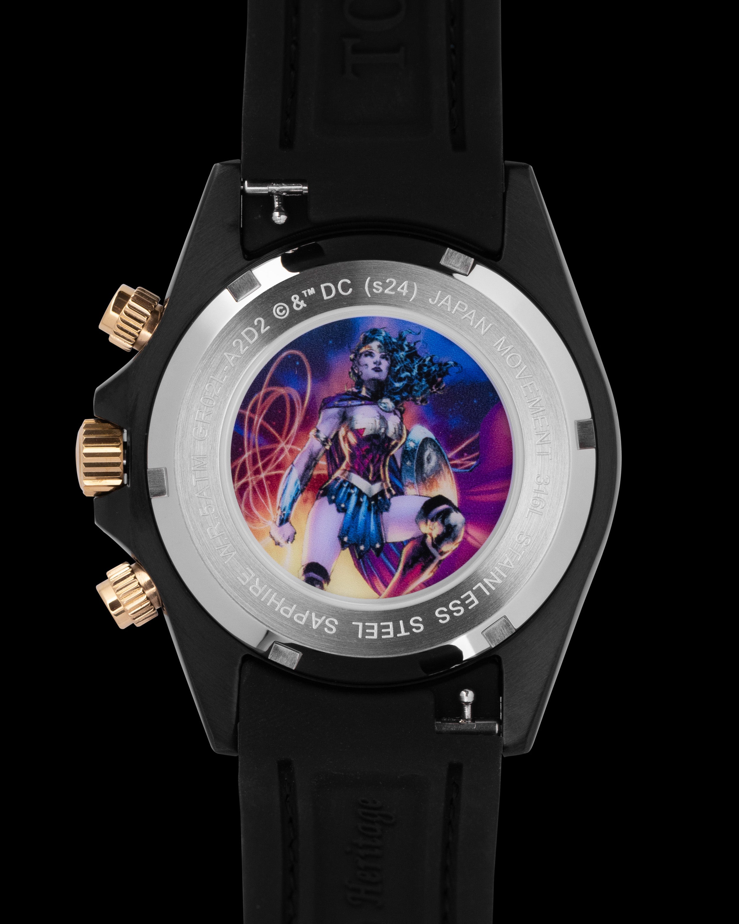 DC Wonder Woman GR02L-A2D2 (Emas/Hitam/Putih) dengan Kristal Hitam (Tali Kulit Putih)