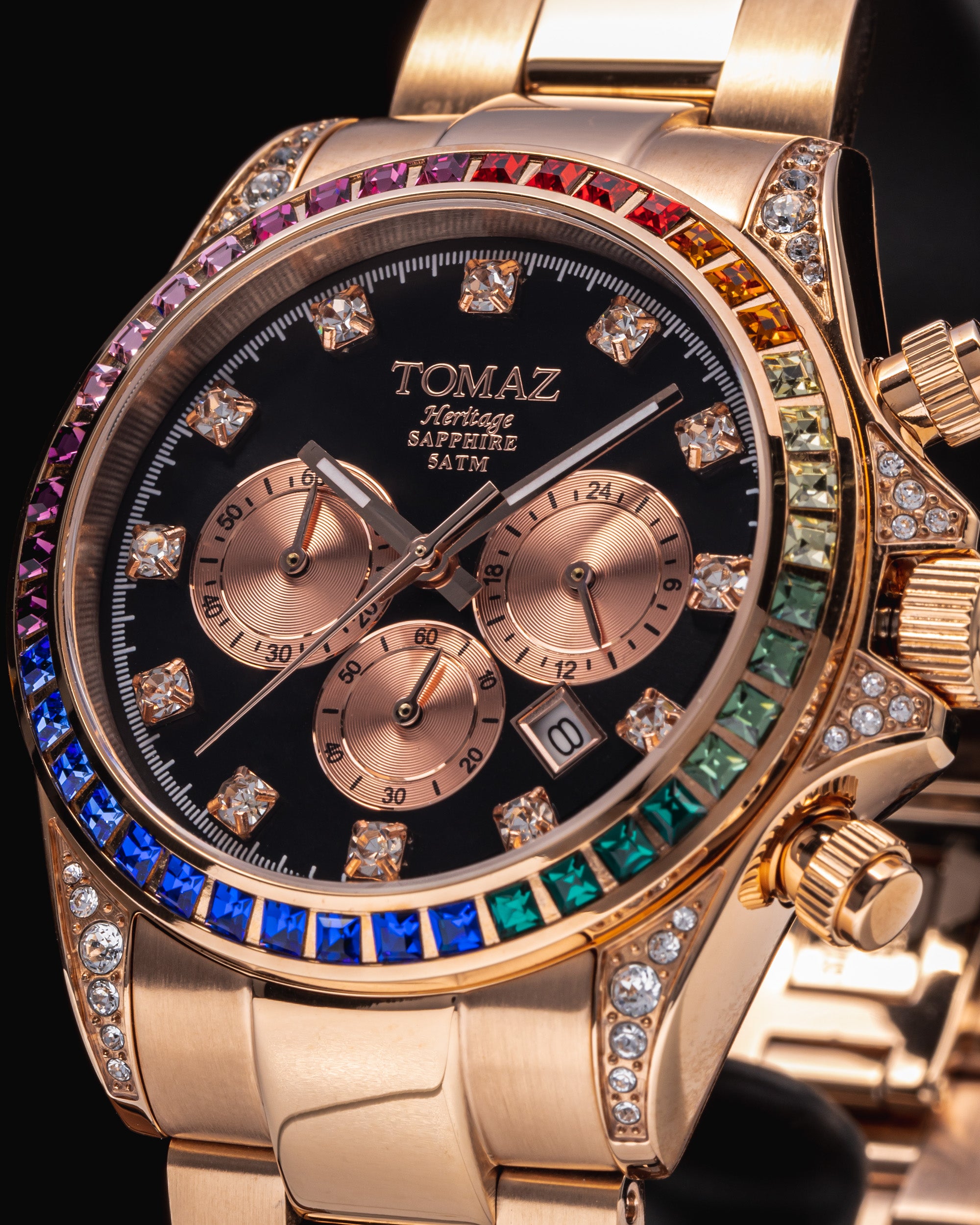 Jam Tangan Wanita Tomaz GR02L-D1 (Rosegold/Hitam) dengan Rainbow Swarovski (Keluli Tahan Karat Rosegold)