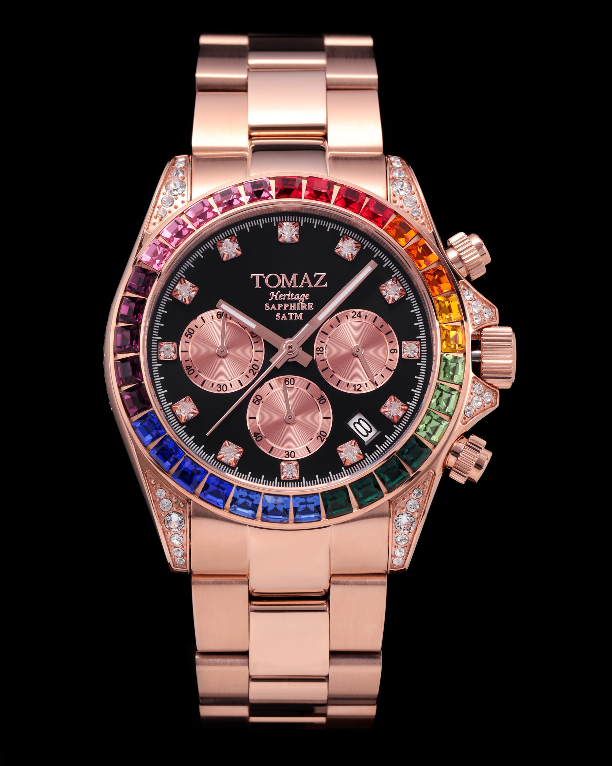 Jam Tangan Lelaki Tomaz GR02M-D1 (Rosegold/Hitam) dengan Rainbow Swarovski (Rosegold Stainless Steel)