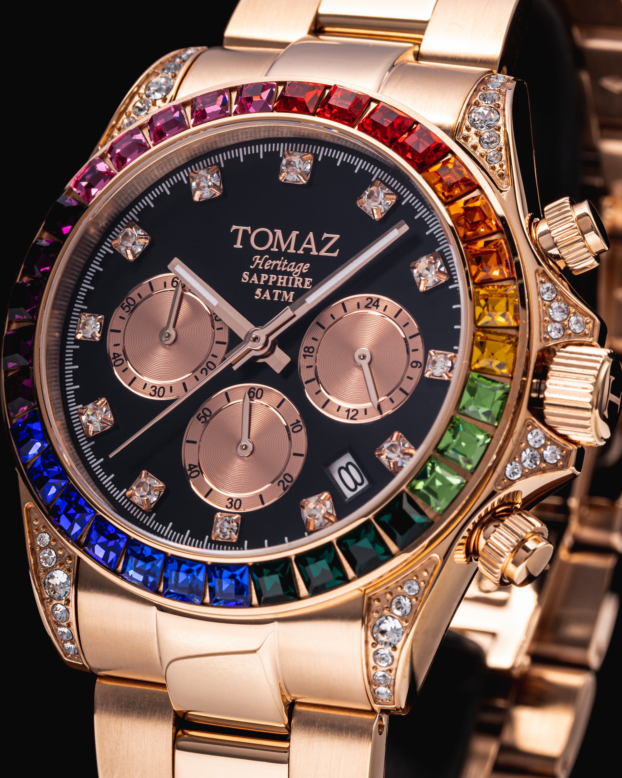Jam Tangan Lelaki Tomaz GR02M-D1 (Rosegold/Hitam) dengan Rainbow Swarovski (Rosegold Stainless Steel)