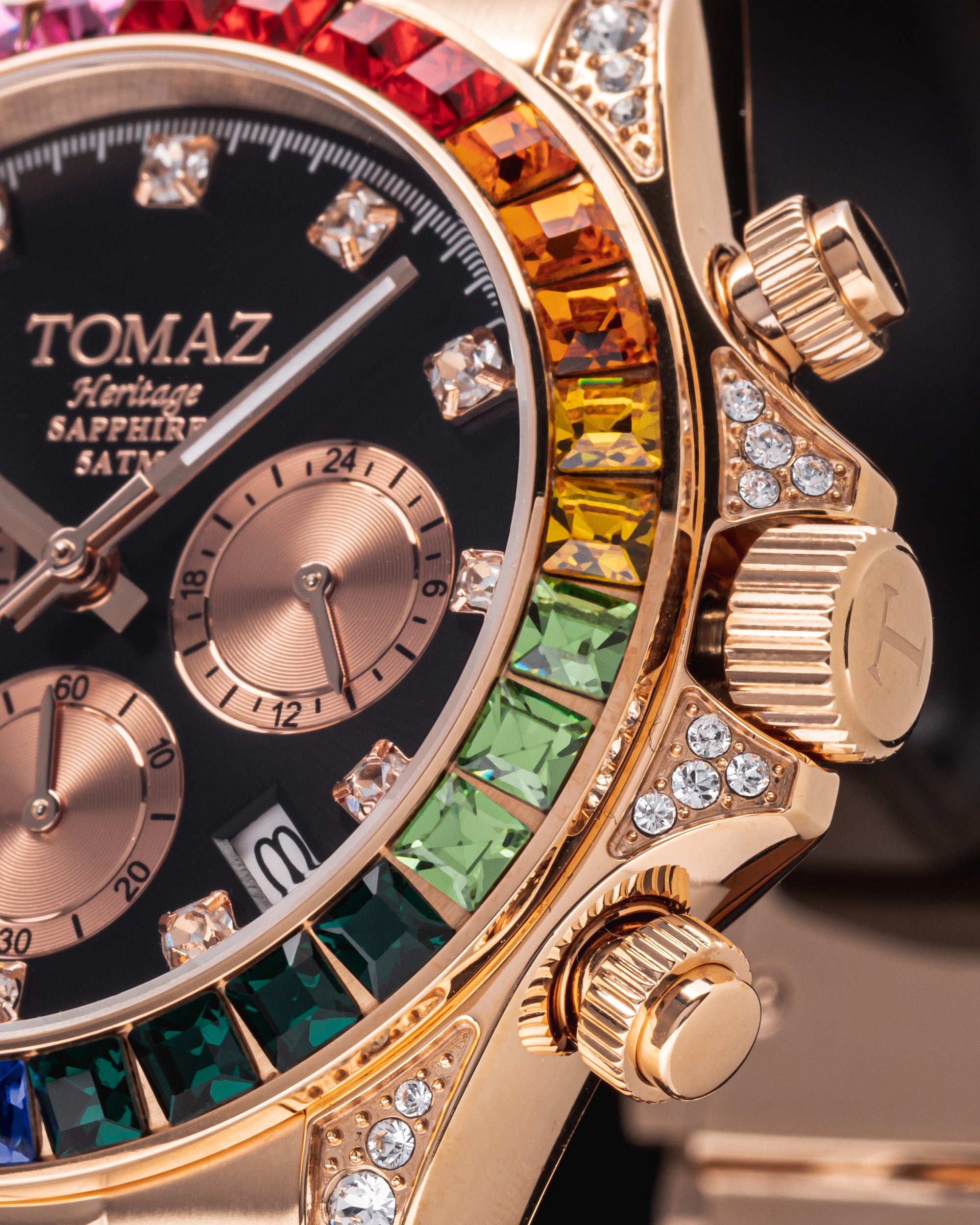 Jam Tangan Lelaki Tomaz GR02M-D1 (Rosegold/Hitam) dengan Rainbow Swarovski (Rosegold Stainless Steel)
