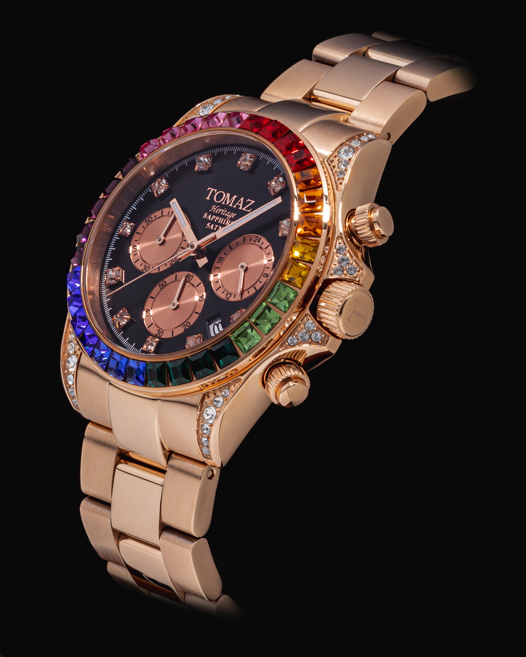 Jam Tangan Lelaki Tomaz GR02M-D1 (Rosegold/Hitam) dengan Rainbow Swarovski (Rosegold Stainless Steel)