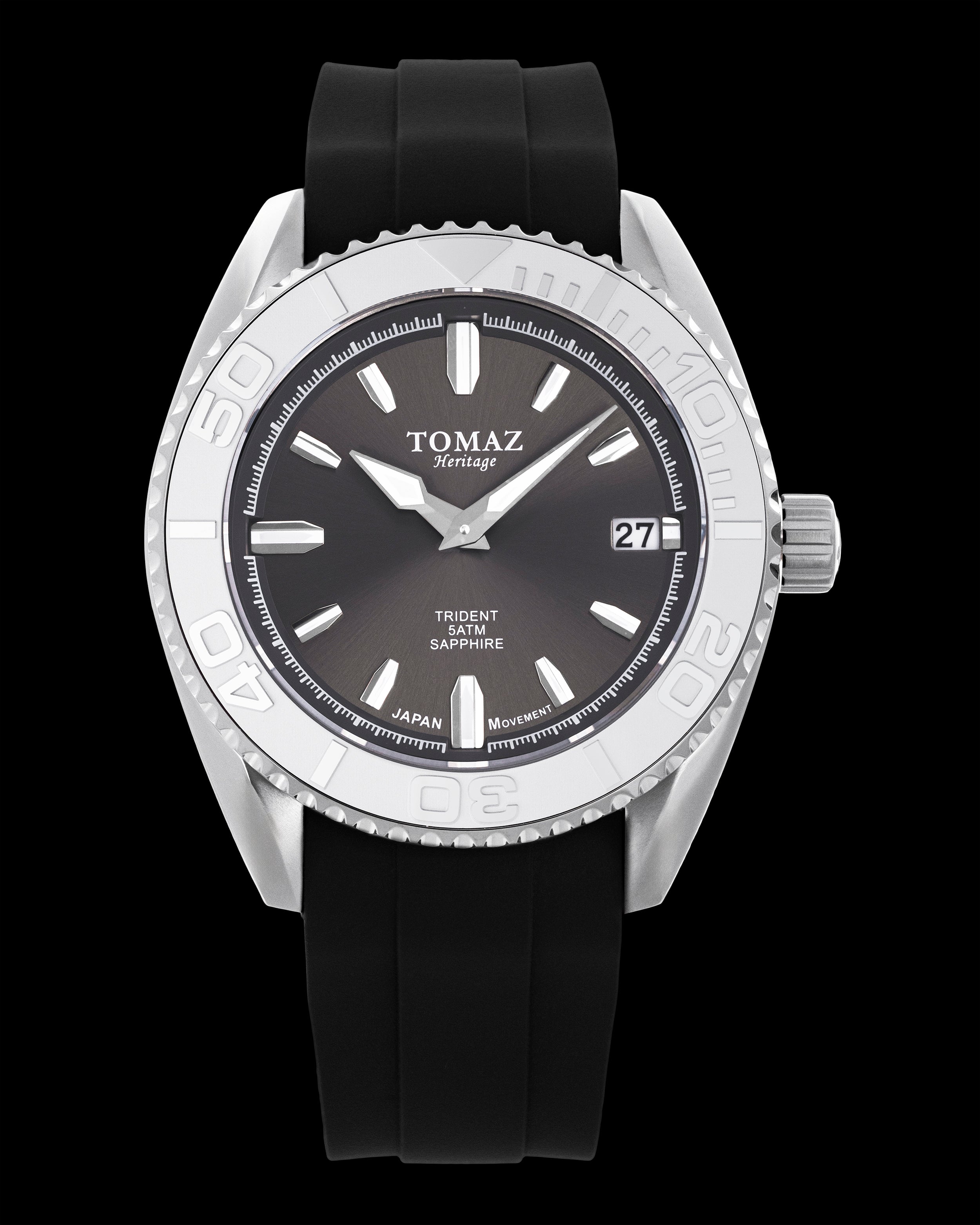 Tomaz Trident GR03N-D3 (Perak/Putih/Kelabu) dengan Tali Getah Hitam