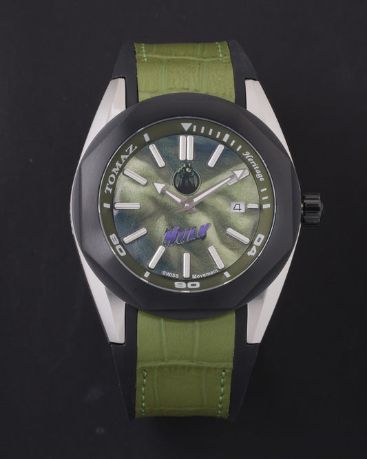 Marvel Hulk GR04-FD1 (Silver/Black/Green) Green Leather and Black Silicone Strap