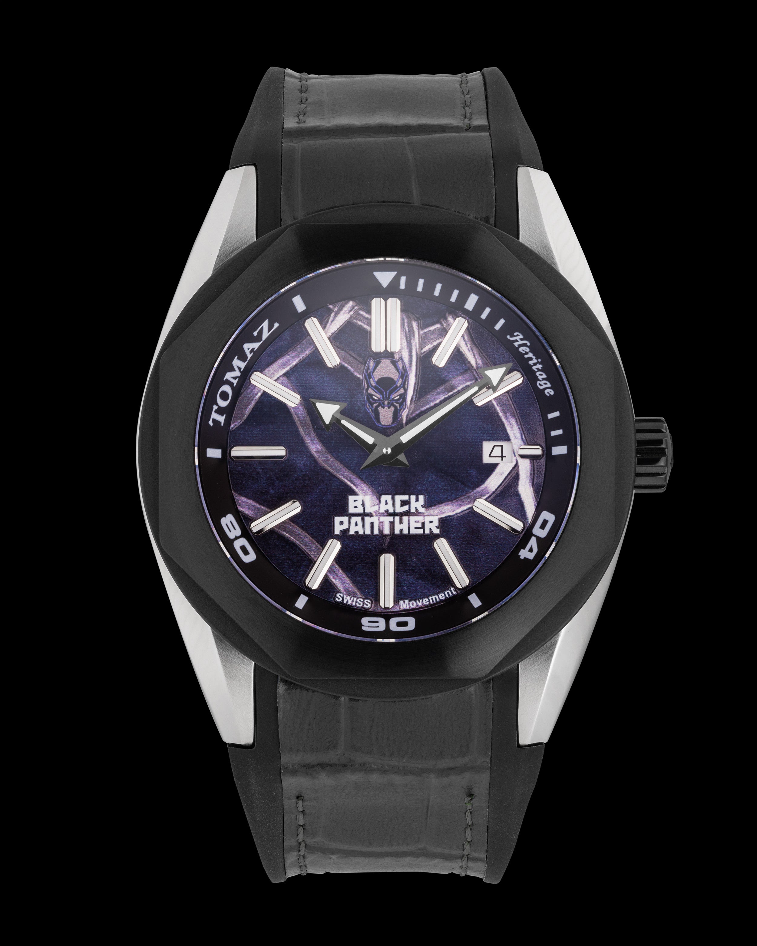 Marvel Black Panther GR04-ED1 (Perak/Hitam) Kulit Hitam dan Tali Silikon Hitam