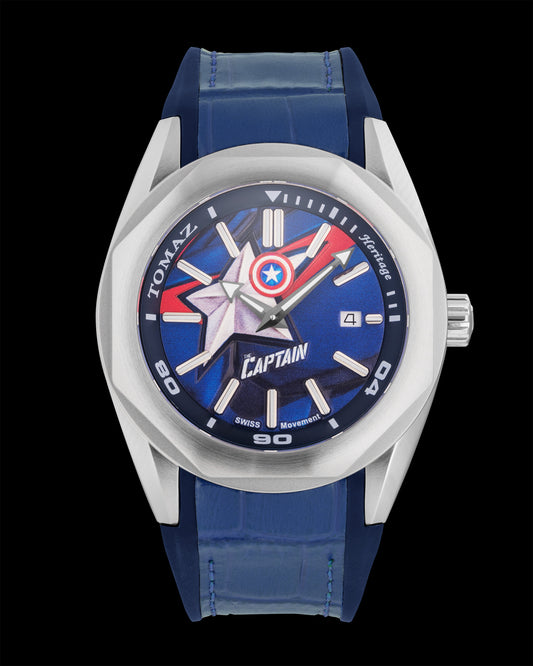 Marvel Captain America GR04-GD1 (Silver/Blue) Blue Leather and Silicone Strap