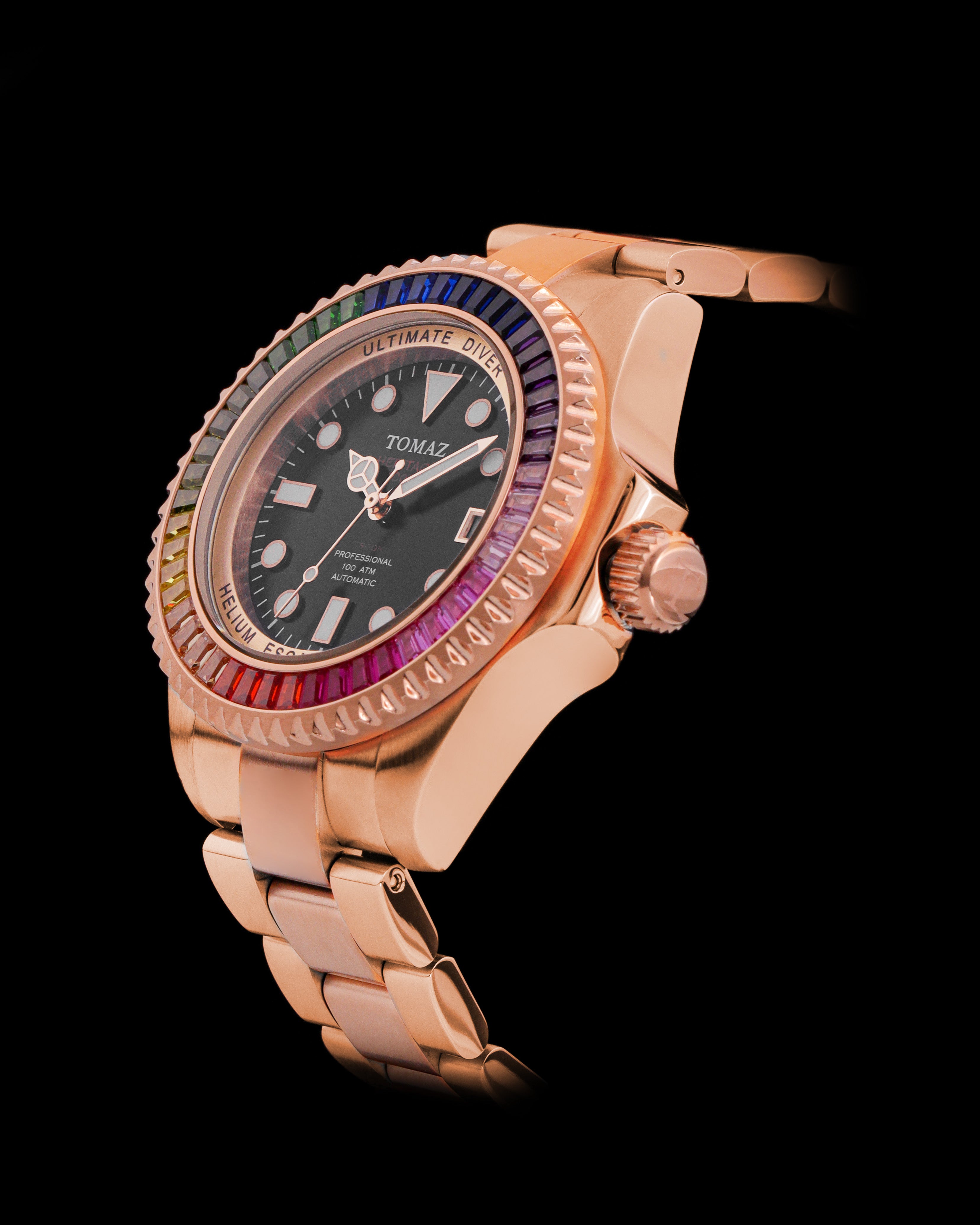 Ultimate Diver GR06-D13 (Rosegold/Hitam) dengan Rainbow Swarovski (Rosegold Stainless Steel)