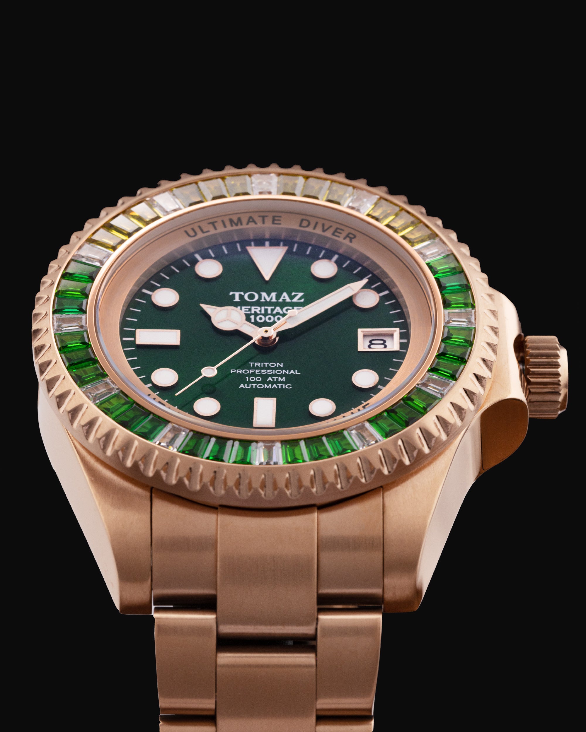 Ultimate Diver GR06-D14 (Rosegold/Hijau) dengan Swarovski Putih Kuning Hijau (Keluli Tahan Karat Rosegold)