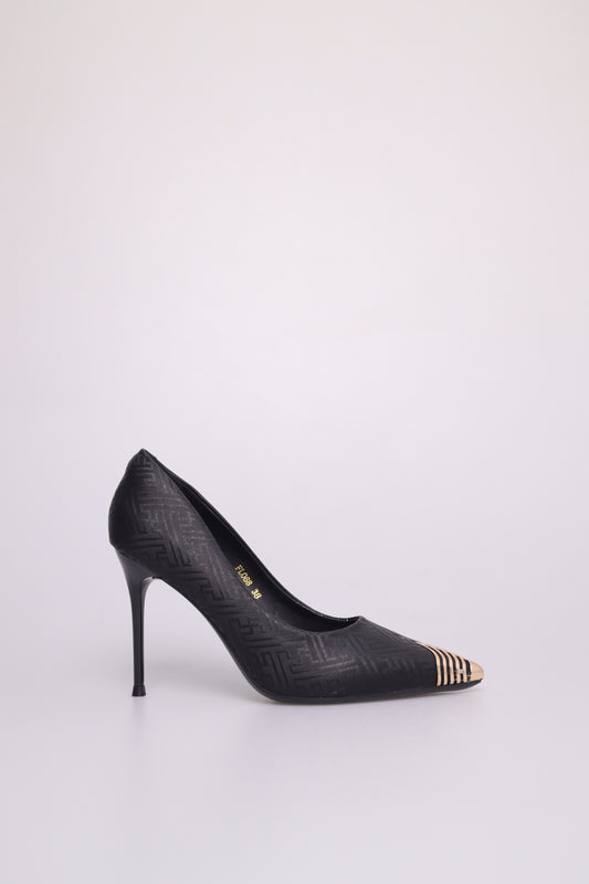 Tomaz FL068 Ladies Gold Pointy Stripes Heels (Black)