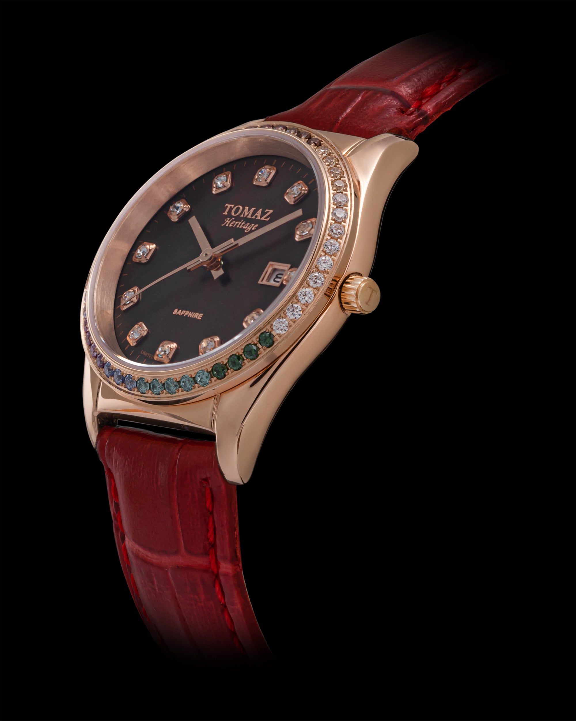 Jam Tangan Wanita Tomaz TQ017L-D22 Mutiara (Emas Mawar/Hitam) dengan Swarovski Pelangi (Tali Kulit Buluh Merah)
