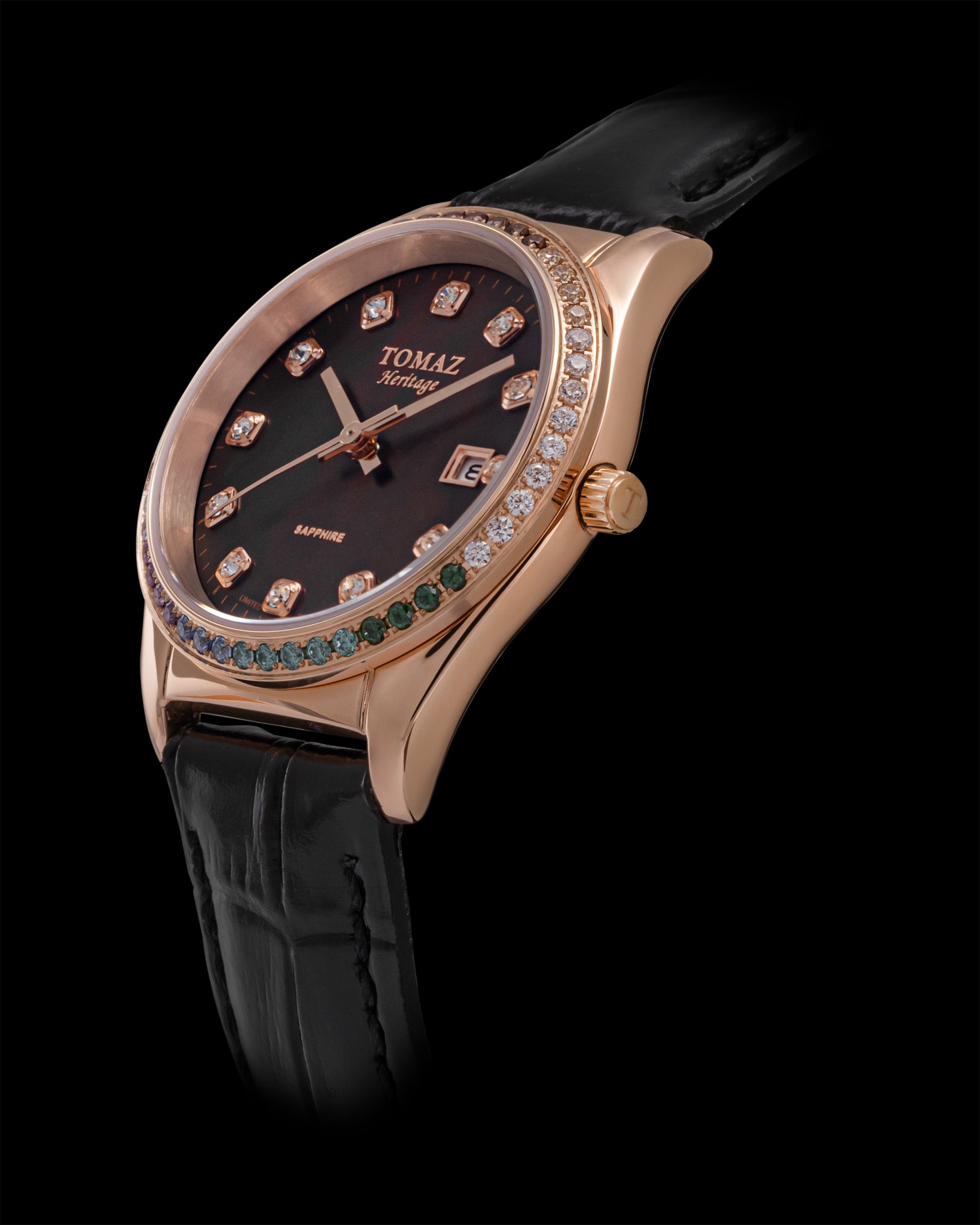 Jam Tangan Wanita Tomaz TQ017L-D23 Mutiara (Emas Mawar/Hitam) dengan Rainbow Swarovski (Tali Kulit Buluh Hitam)