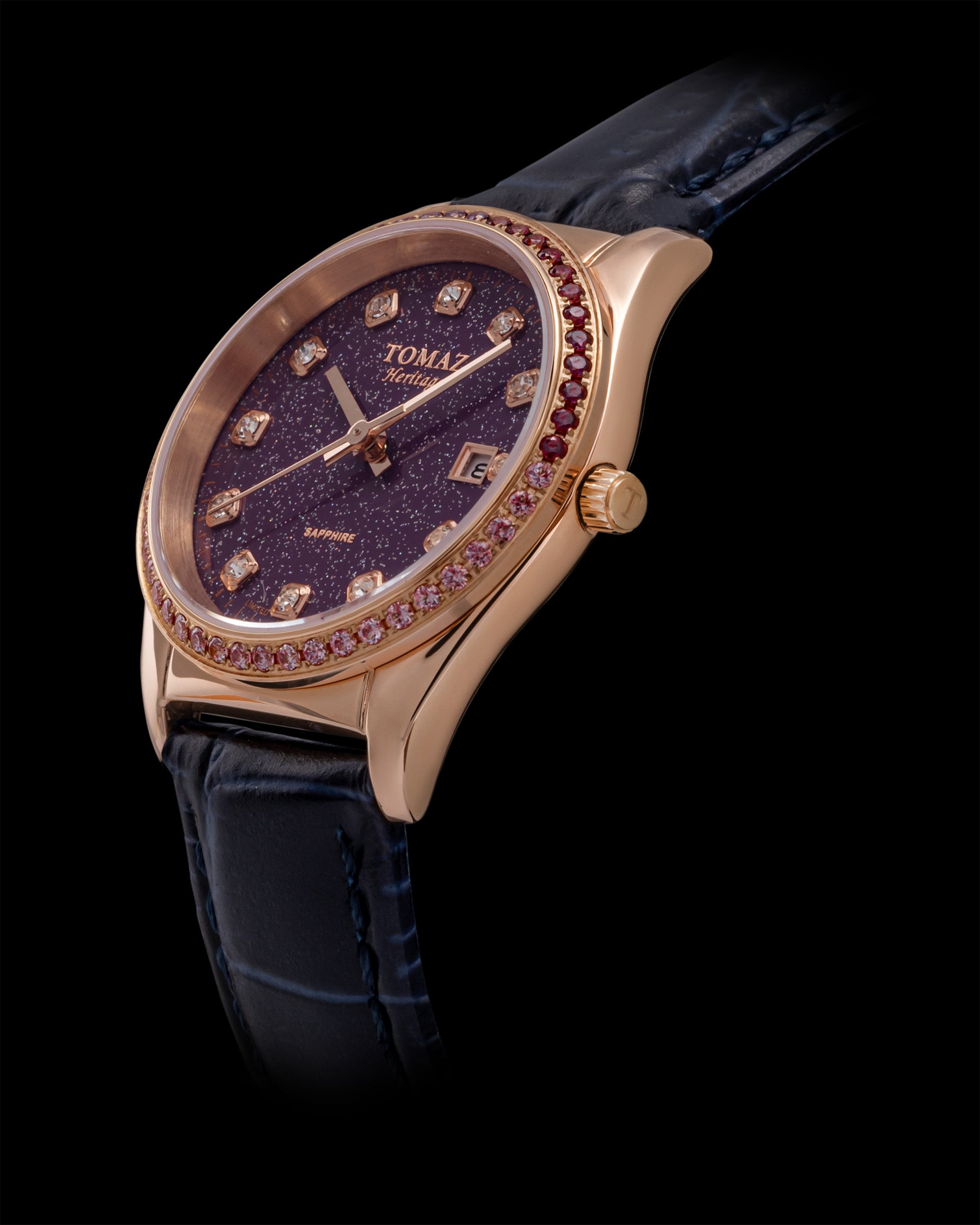 Jam Tangan Wanita Tomaz TQ017L-D29 Stardust (Emas Mawar/Ungu) dengan Swarovski Ungu (Tali Kulit Buluh Tentera Laut)