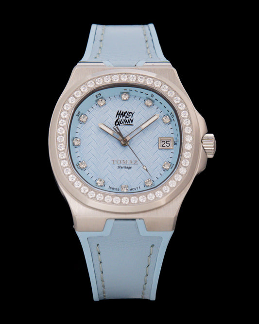 DC Harley Quinn TQ029L-AD8 (Silver/Blue) with White Swarovski Crystal (Blue Rubber Leather Strap)
