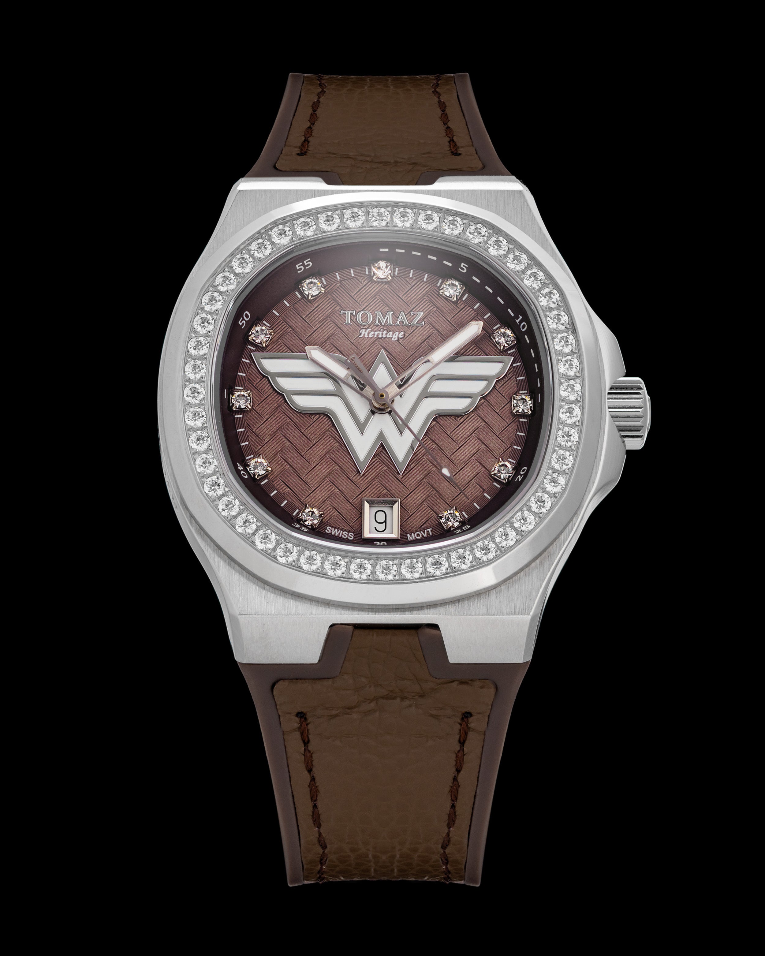 DC Wonder Woman TQ029L-BD14 (Silver/Brown) with White Swarovski Crystal (Brown Silicone Strap)