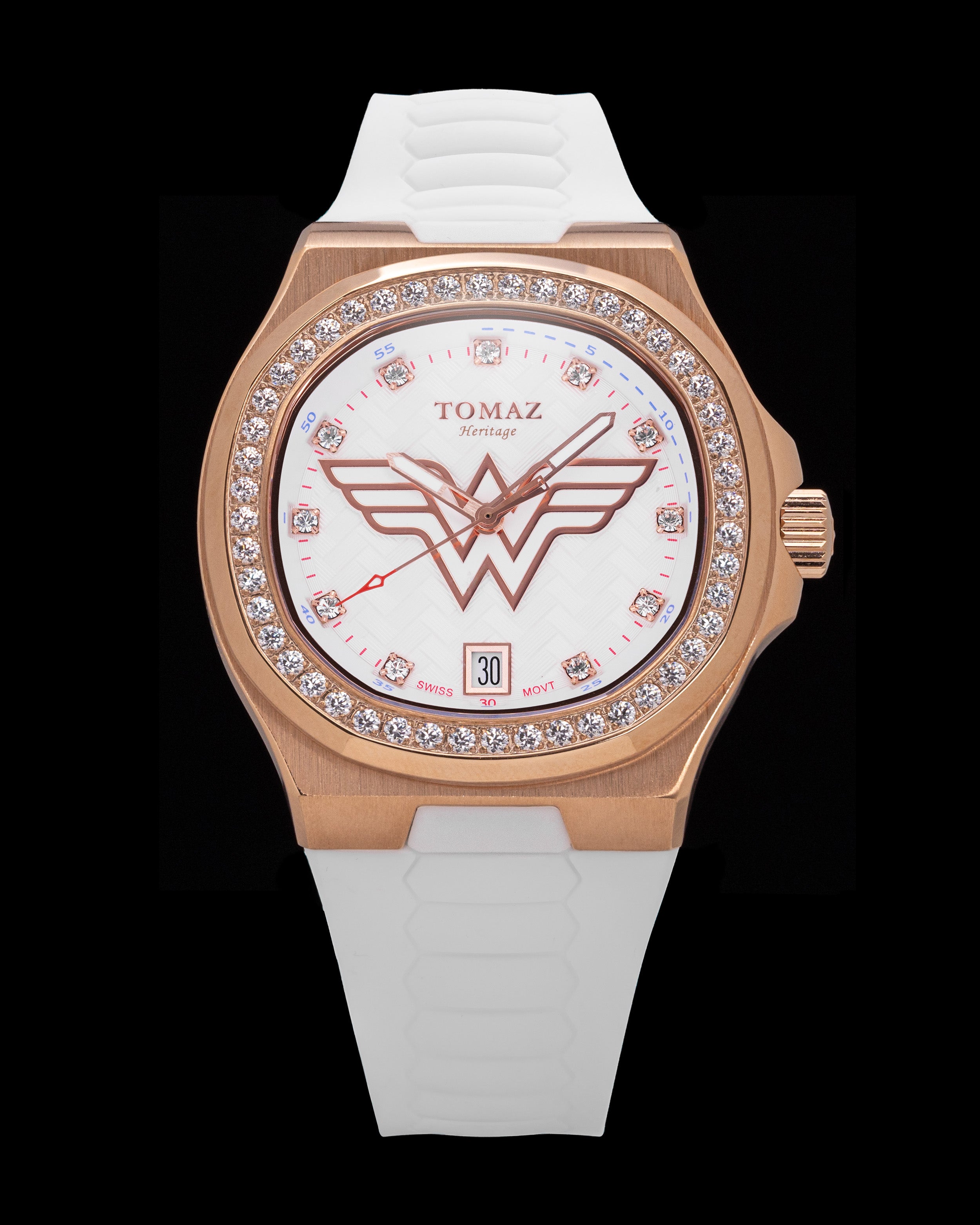 DC Wonder Woman TQ029L-BD20 (Rosegold/Putih) dengan Kristal Swarovski Putih (Tali Silikon Putih)