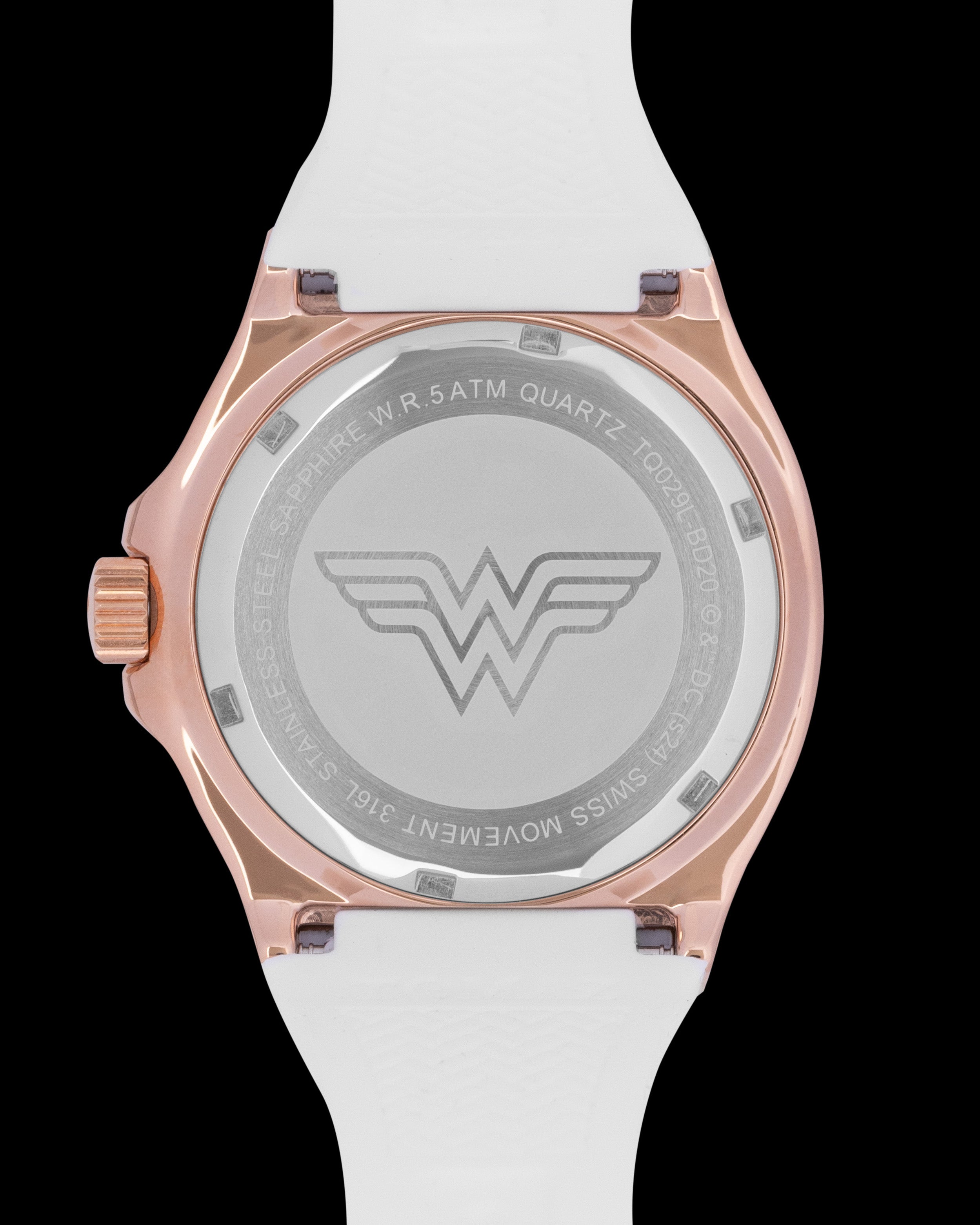 DC Wonder Woman TQ029L-BD20 (Rosegold/Putih) dengan Kristal Swarovski Putih (Tali Silikon Putih)