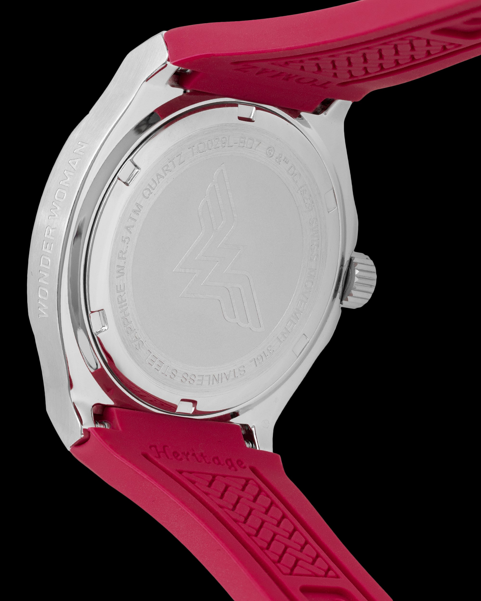 DC Wonder Woman TQ029L-BD7 (Perak/Merah Jambu Gelap) dengan Kristal Swarovski Putih (Tali Silikon Merah Jambu Gelap)