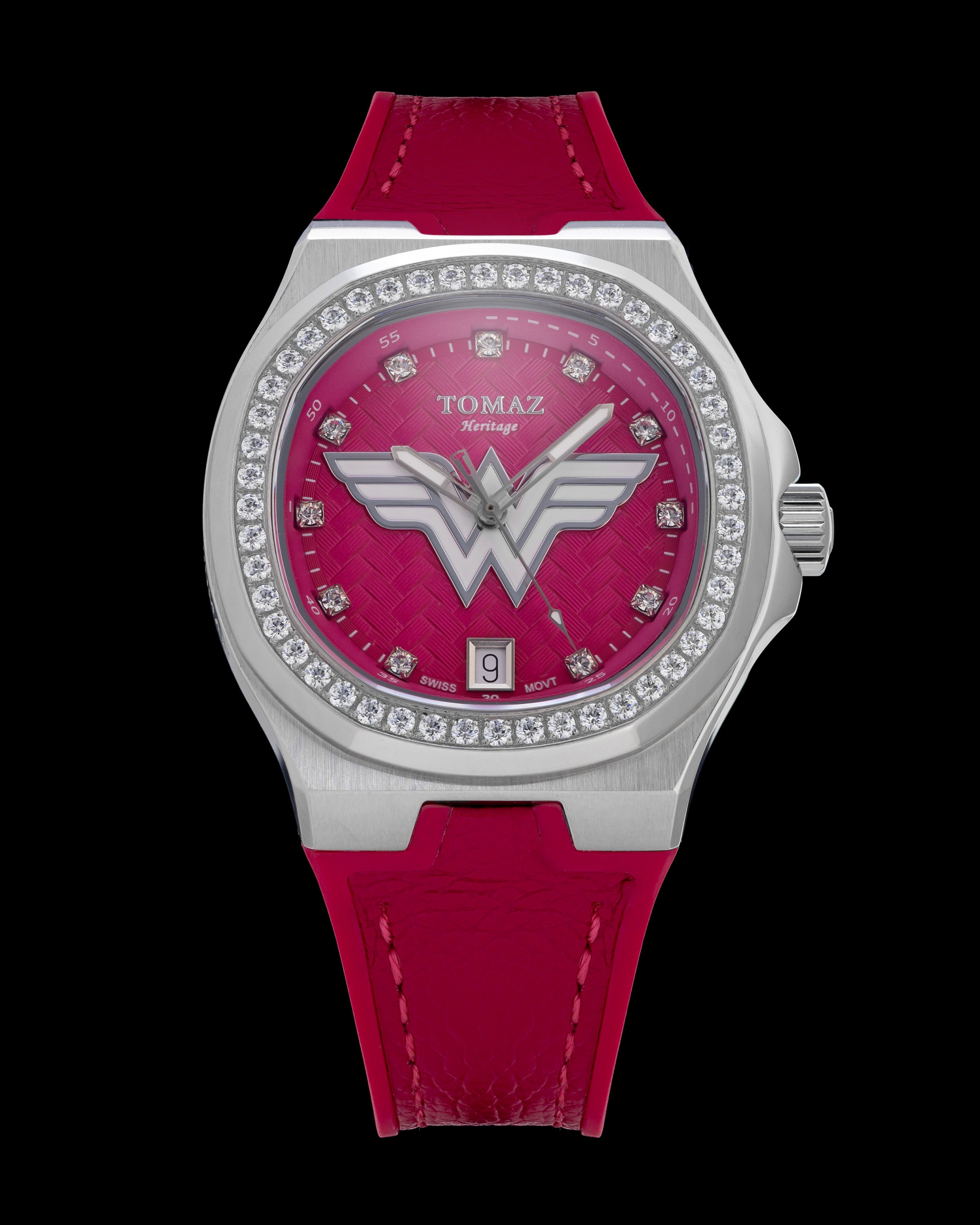 DC Wonder Woman TQ029L-BD7 (Perak/Merah Jambu Gelap) dengan Kristal Swarovski Putih (Tali Silikon Merah Jambu Gelap)