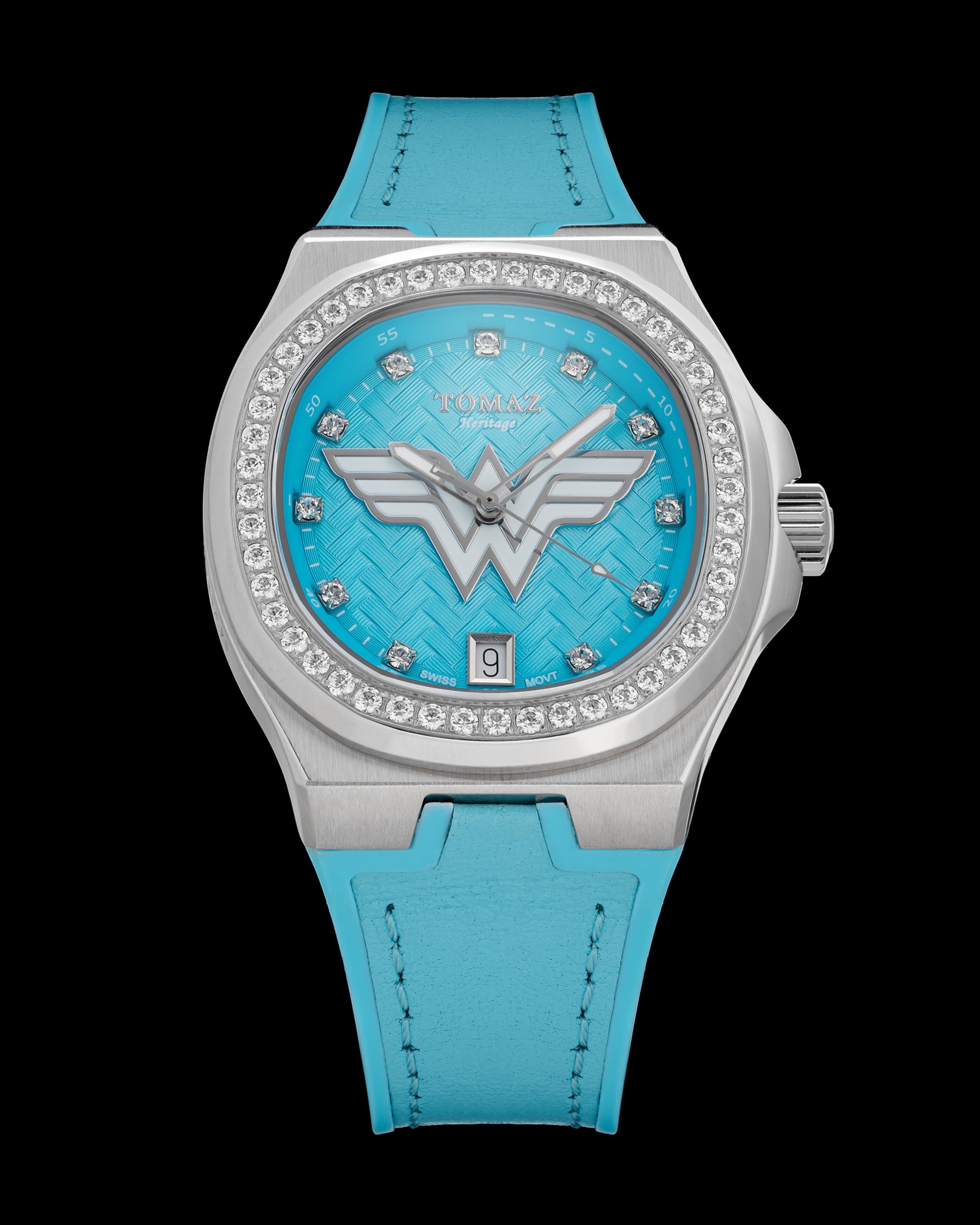 DC Wonder Woman TQ029L-BD8 (Silver/Dark Blue) with White Swarovski Crystal (Dark Blue Silicone Strap)