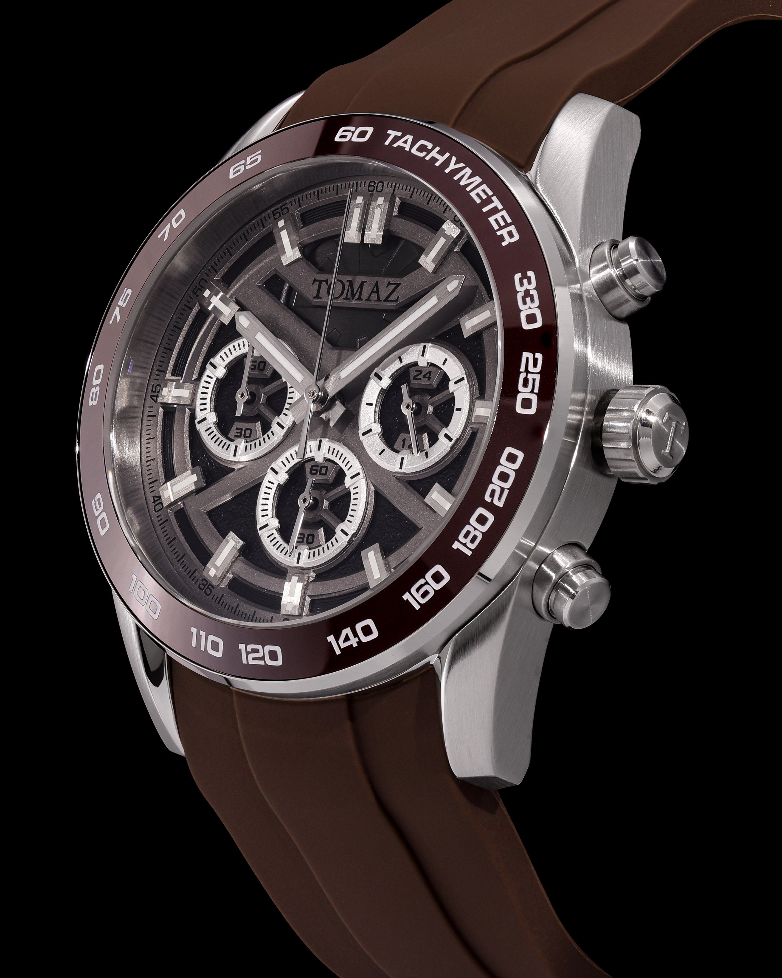 Tomaz Men's Driver Watch TQ031-D14 (Silver/Brown) with Brown Silicone Strap