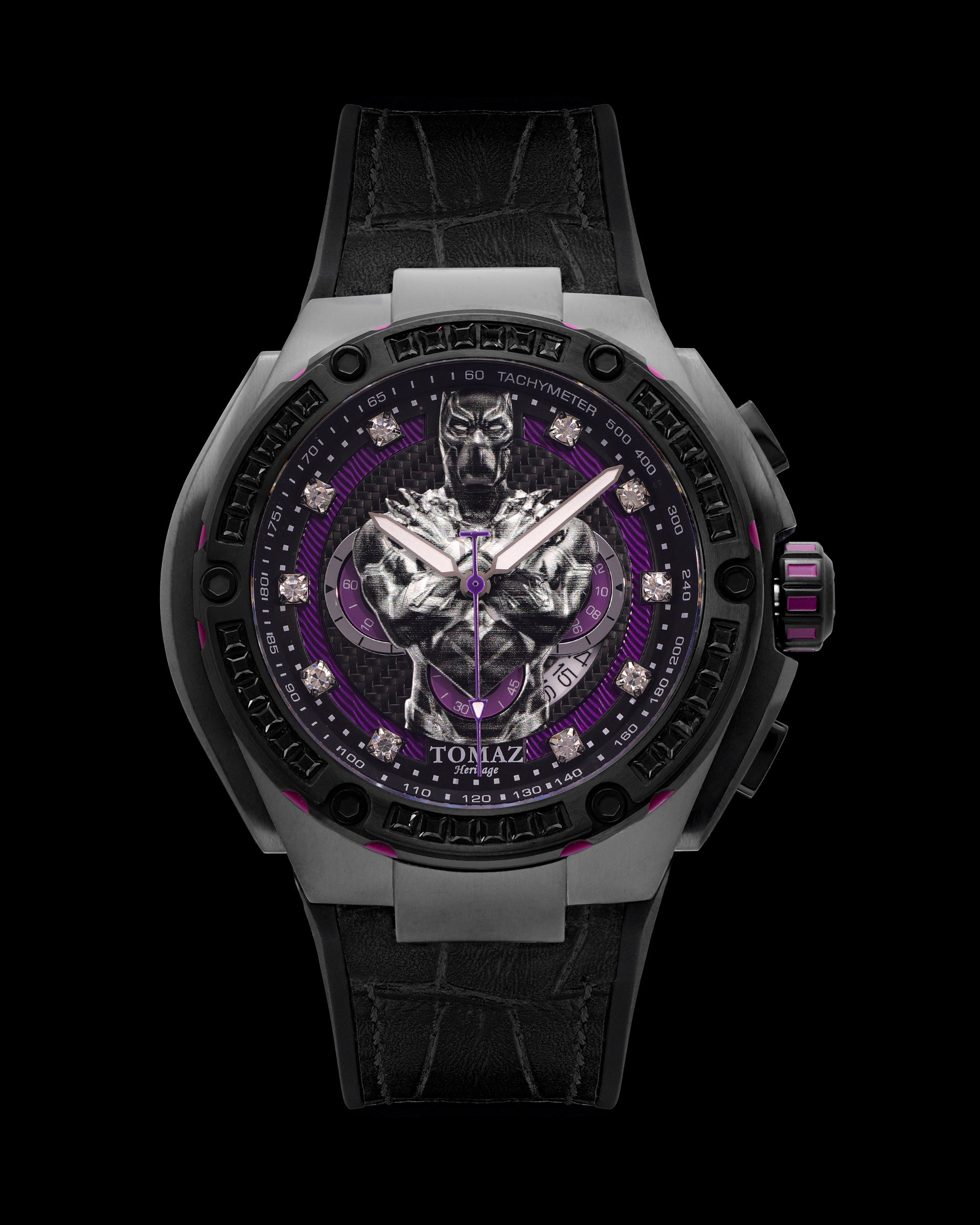 Marvel Wakanda TQ037L-D1A (Perak/Hitam) dengan Kristal Hitam (Silikon Hitam dengan Tali Buluh Kulit)