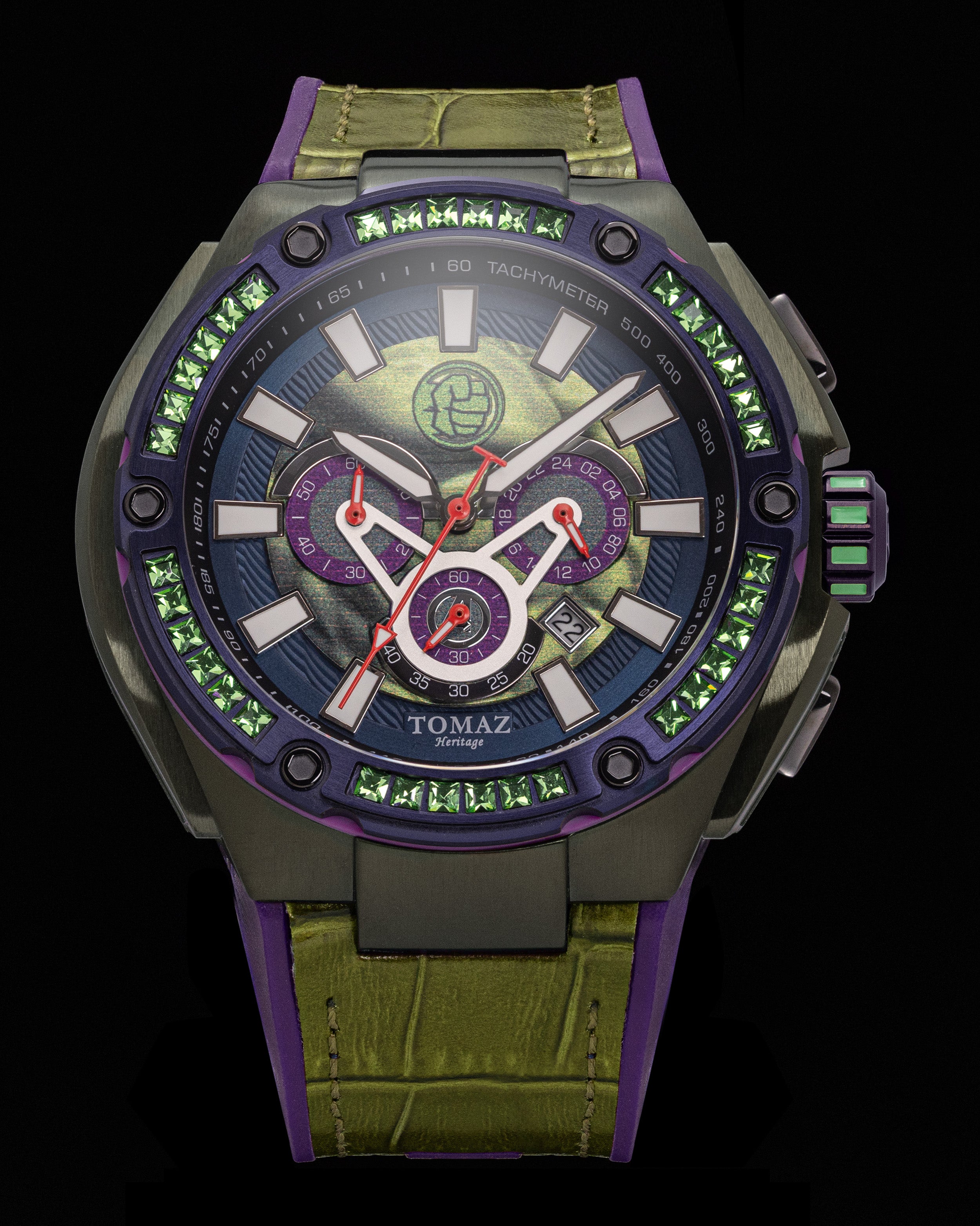 Marvel Hulk TQ037P-D1 (Hijau/Hitam) Swarovski Hijau dengan Buluh Kulit Hijau dan Tali Silikon