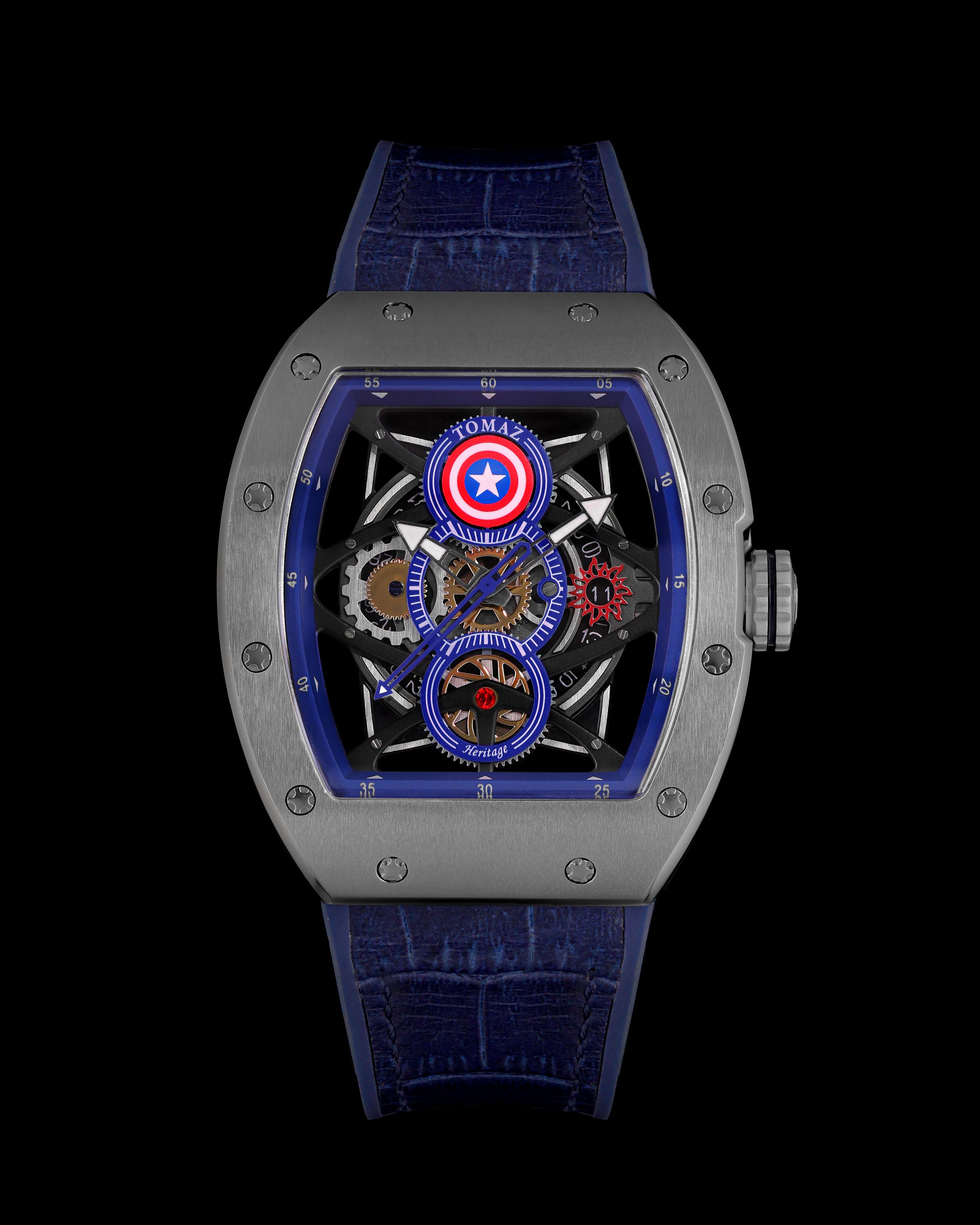 Marvel Captain America TQ039-GD1 (Perak/Biru) dengan Buluh Biru dengan Silikon dan Tali Kulit
