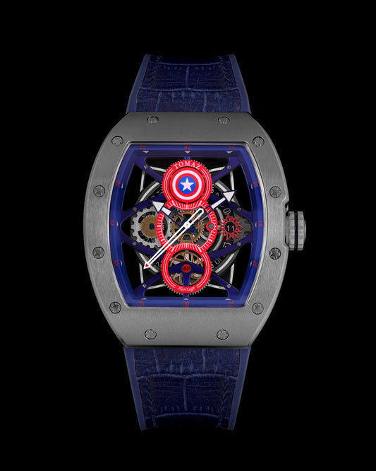 Marvel Captain America TQ039-GD1 (Silver/Blue) with Blue Bamboo with Silicone and Leather Strap