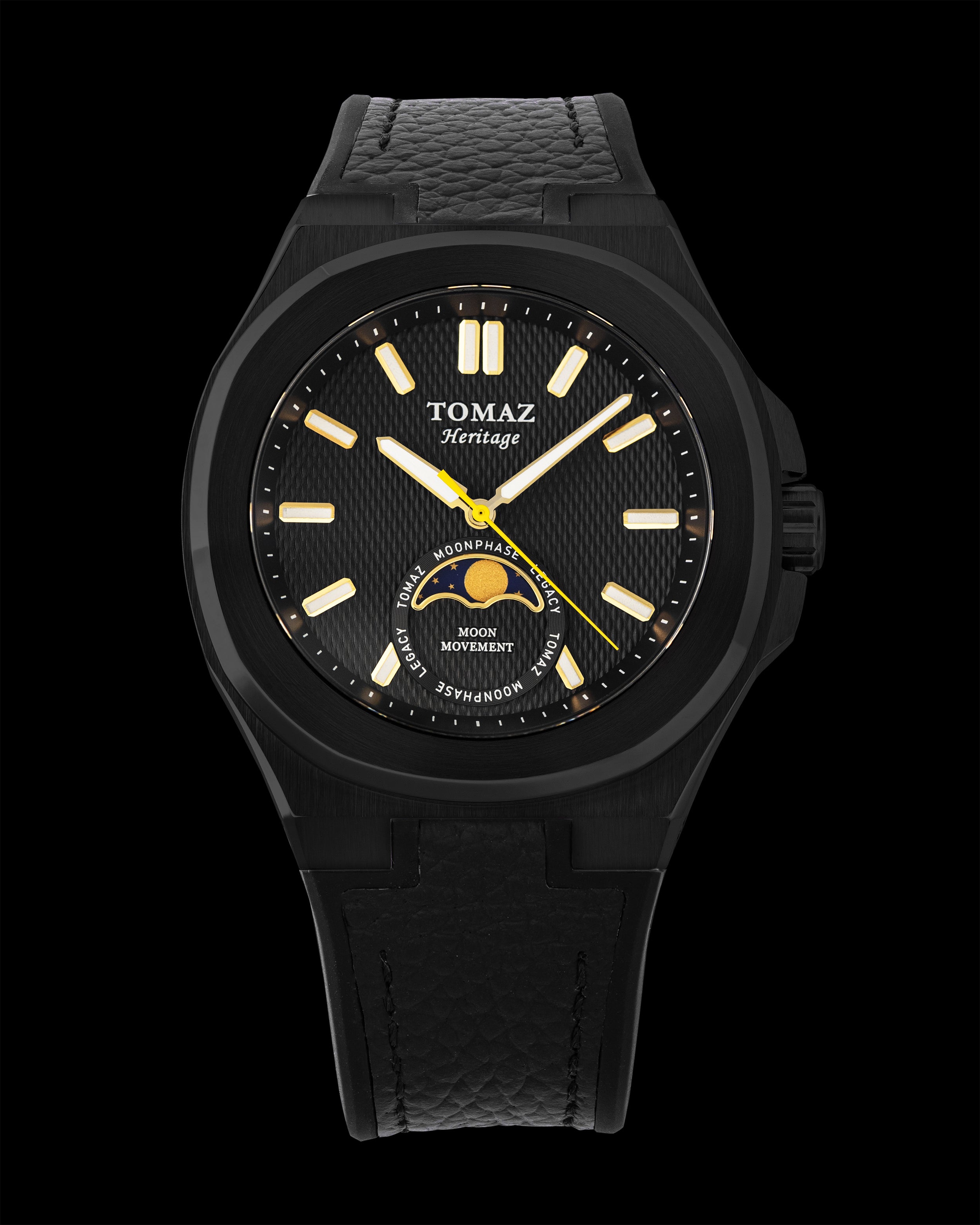 Moonphase TQ046-2D4 (Black) with Black Rubber Leather Strap