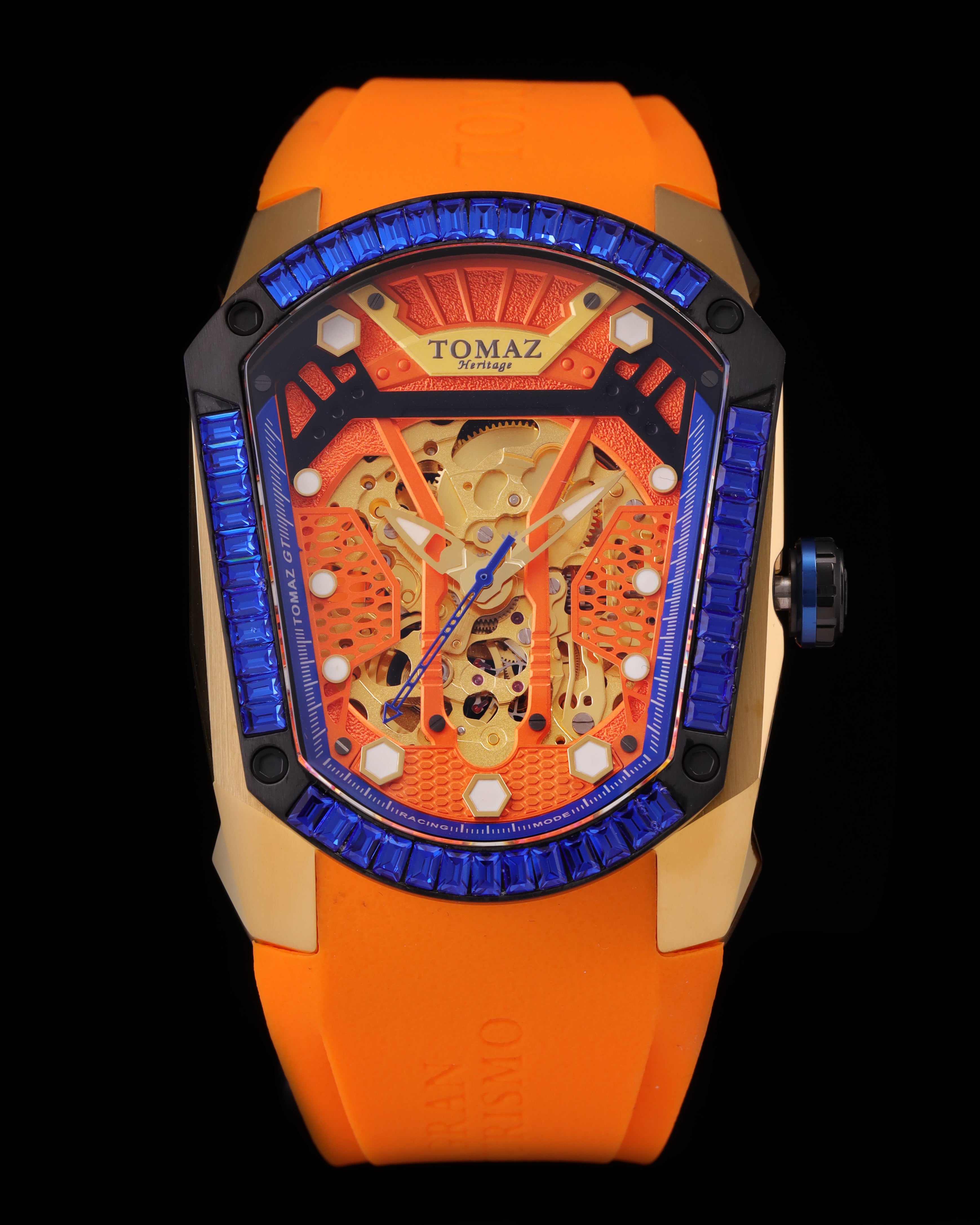 GT Skeleton TW028-D16 (Rosegold/Oren) dengan Swarovski Biru (Tali Getah Jingga)