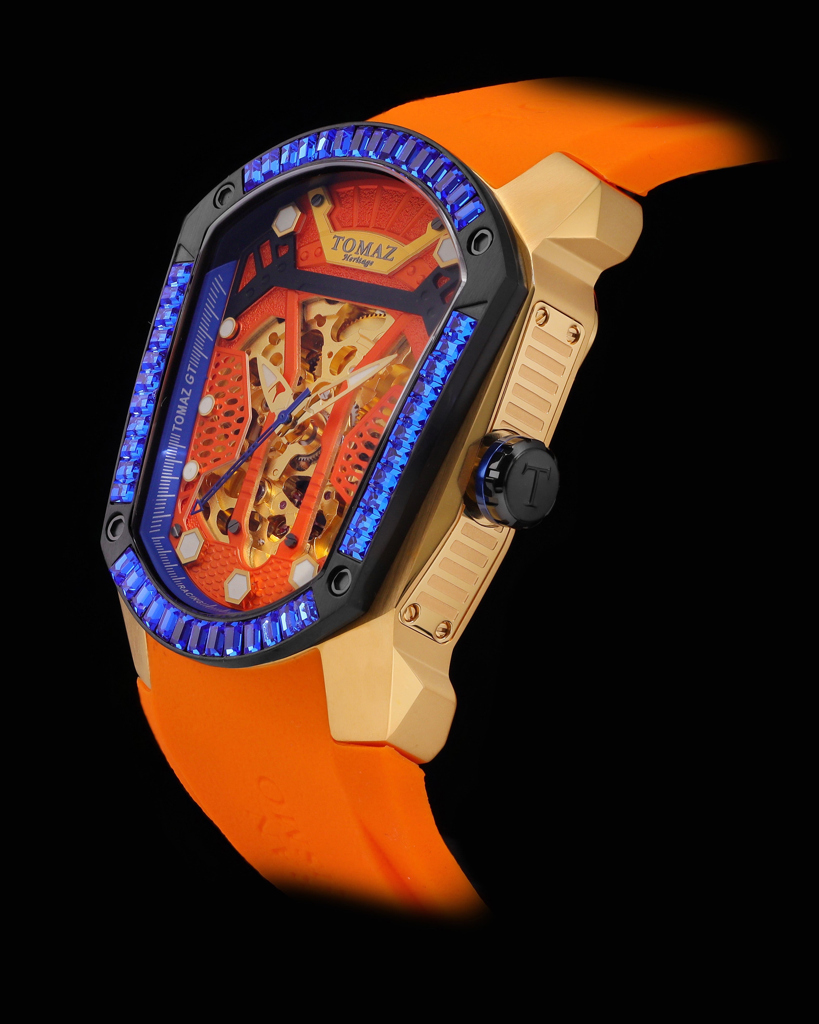 GT Skeleton TW028-D16 (Rosegold/Oren) dengan Swarovski Biru (Tali Getah Jingga)