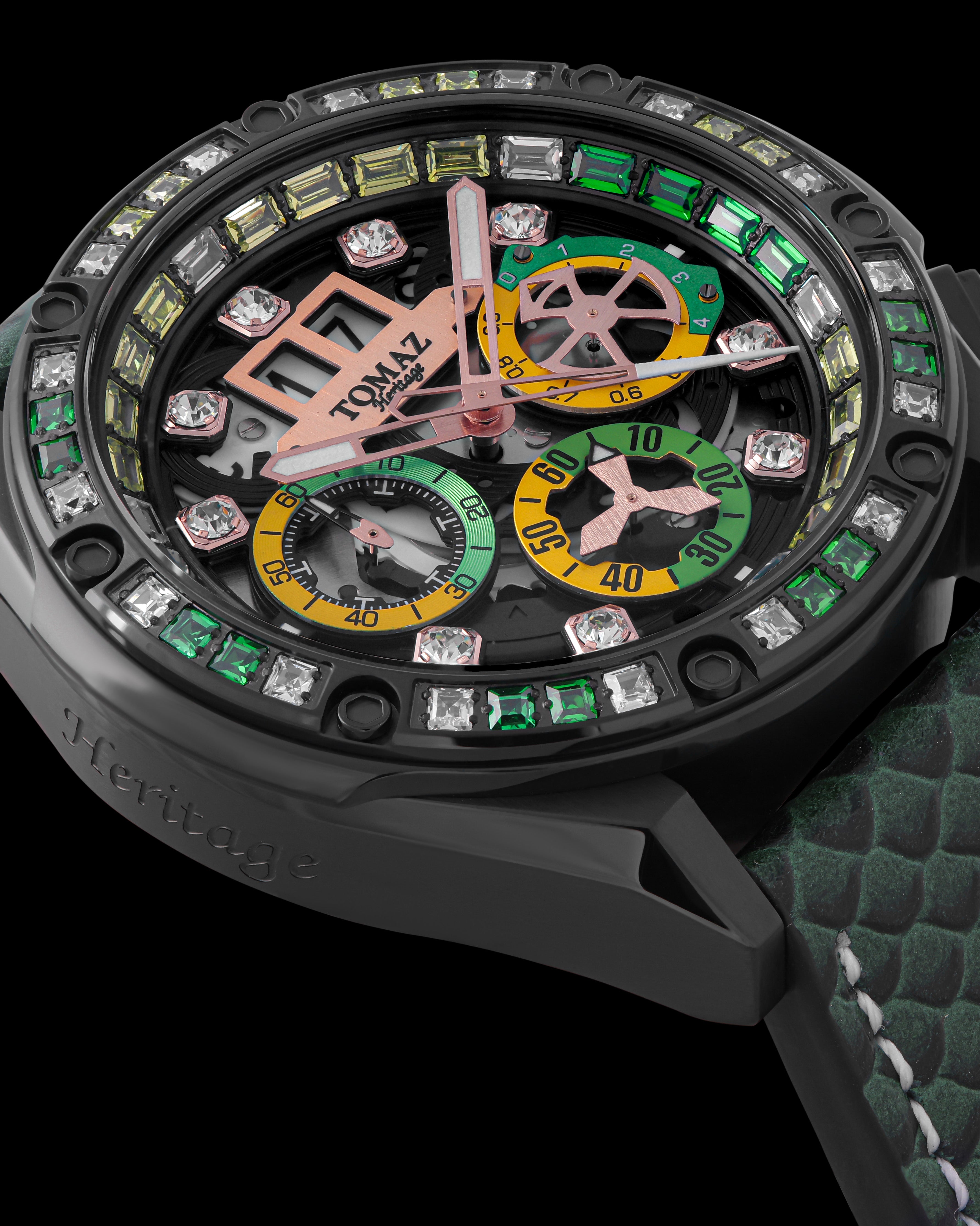 RAWR III TW024F-D1 (Black) with Dark Green White Yellow Crystal (Dark Green Salmon Leather Strap)