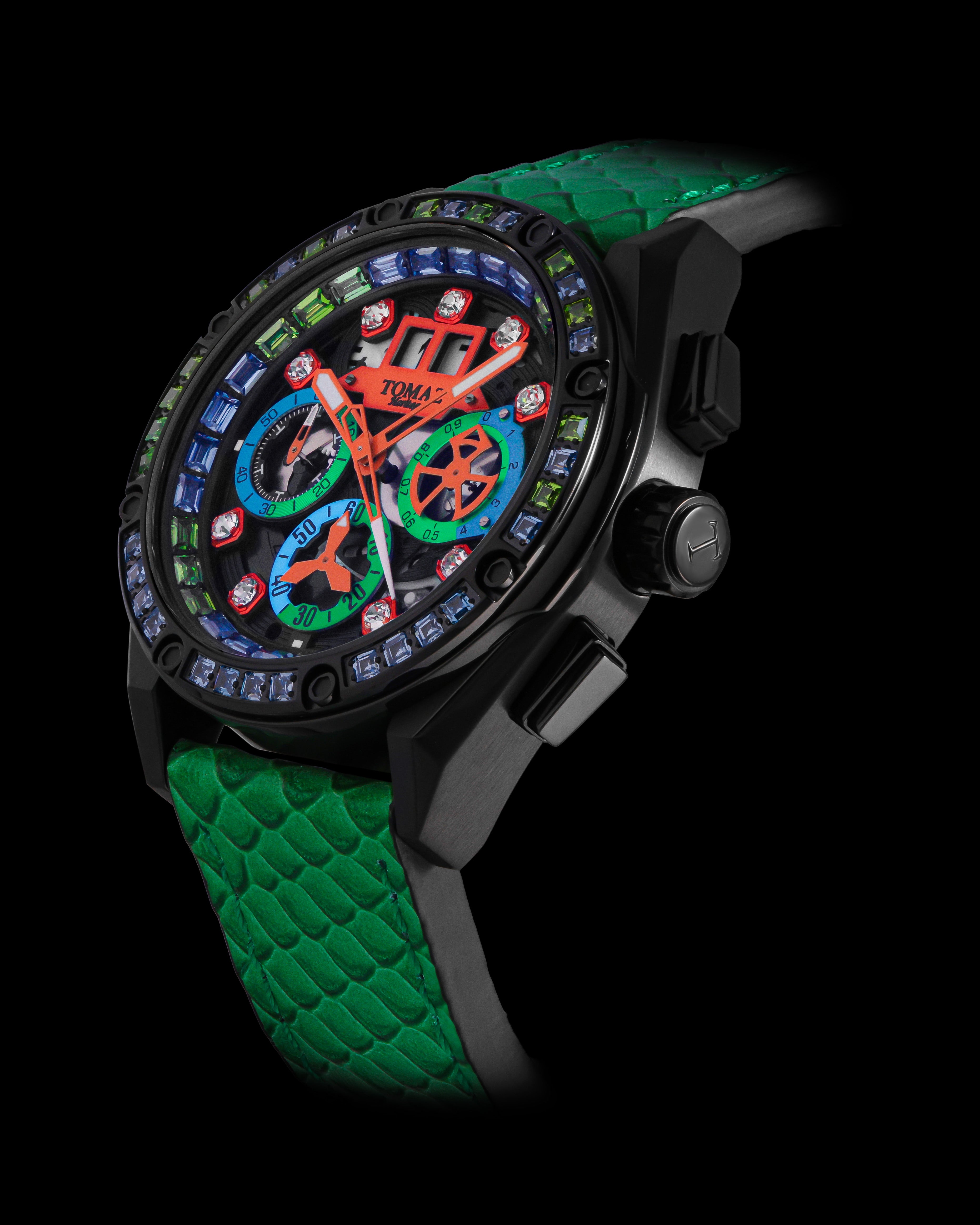 RAWR III TW024F-D12 (Black) with Green Blue Black Crystal (Green Leather Strap)