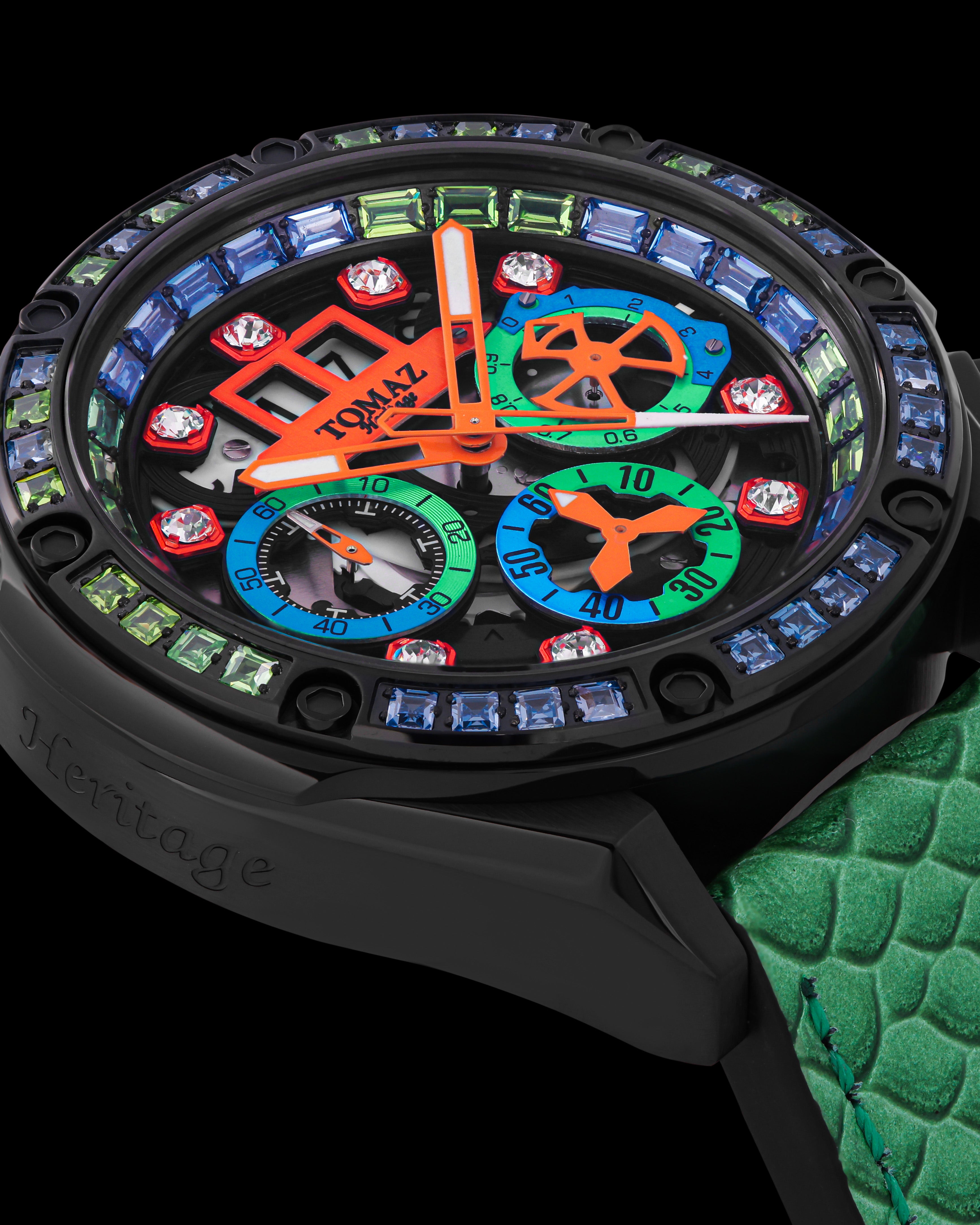 RAWR III TW024F-D12 (Black) with Green Blue Black Crystal (Green Leather Strap)