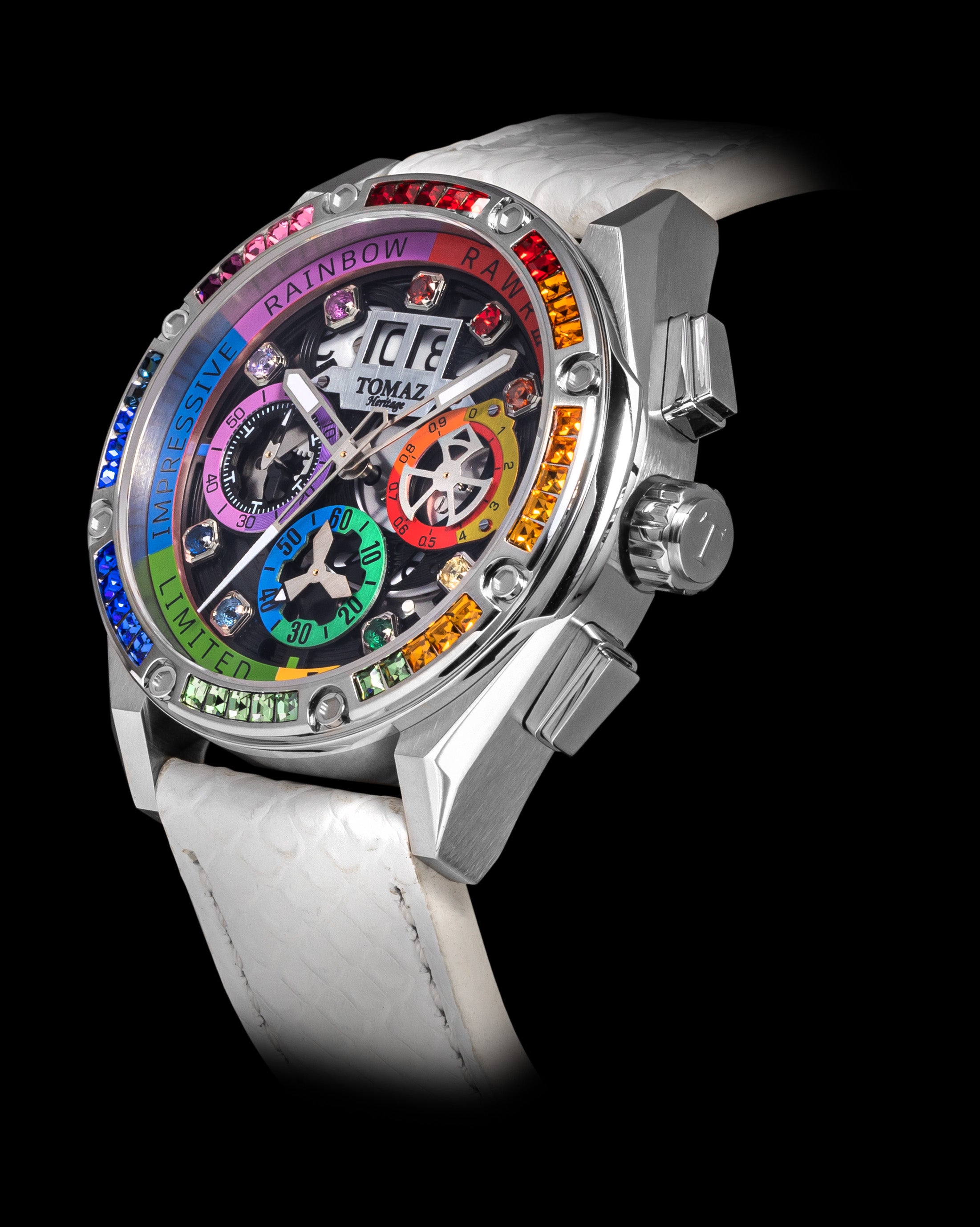 RAWR III TW024I-D3 (Silver) with Rainbow Crystal (White Salmon Leather Strap)