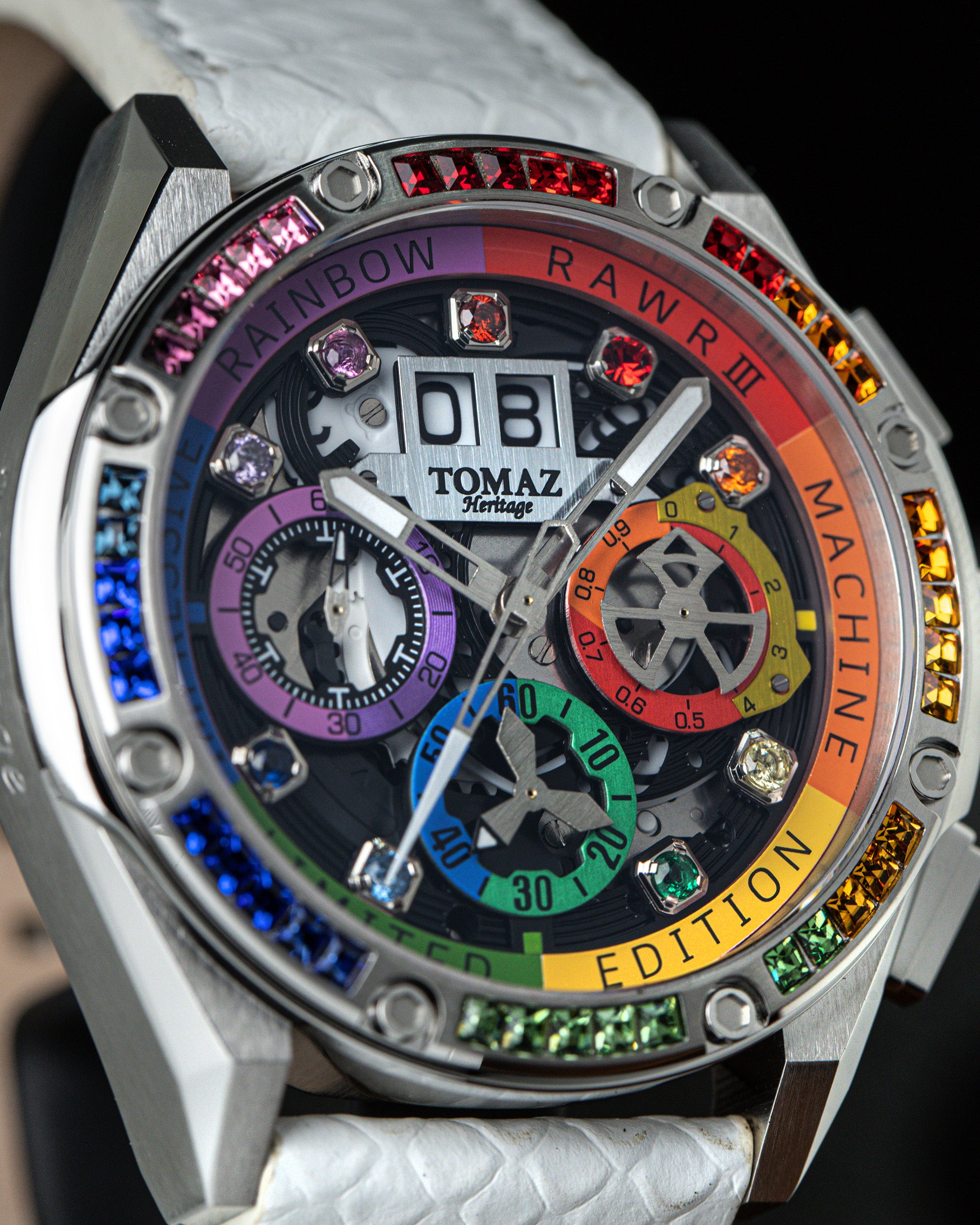 RAWR III TW024I-D3 (Perak) dengan Rainbow Swarovski (Tali Kulit Salmon Putih)