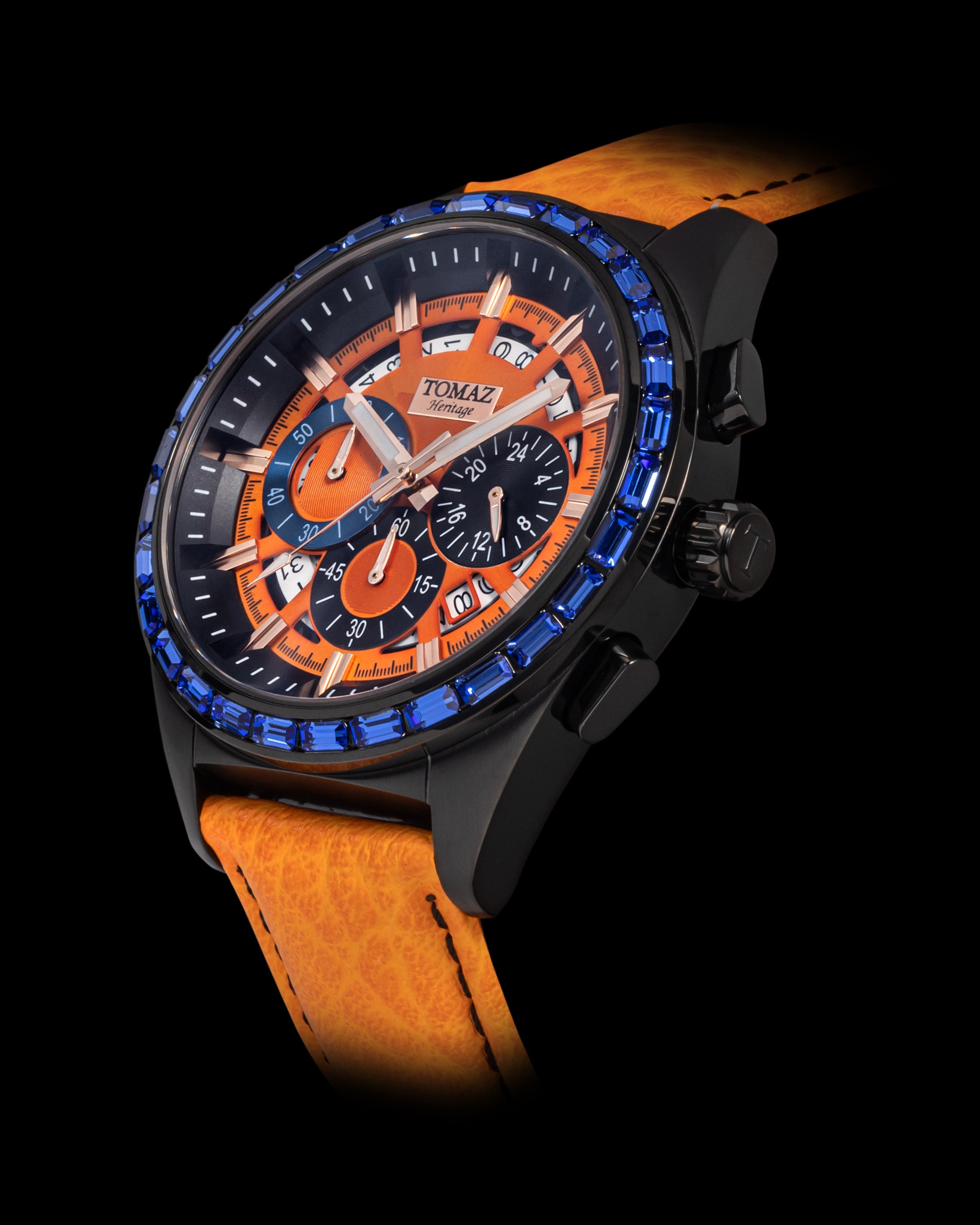 Romeo TW025A-D2 (Hitam/Oren) dengan Swarovski Biru (Tali Kulit Jingga)