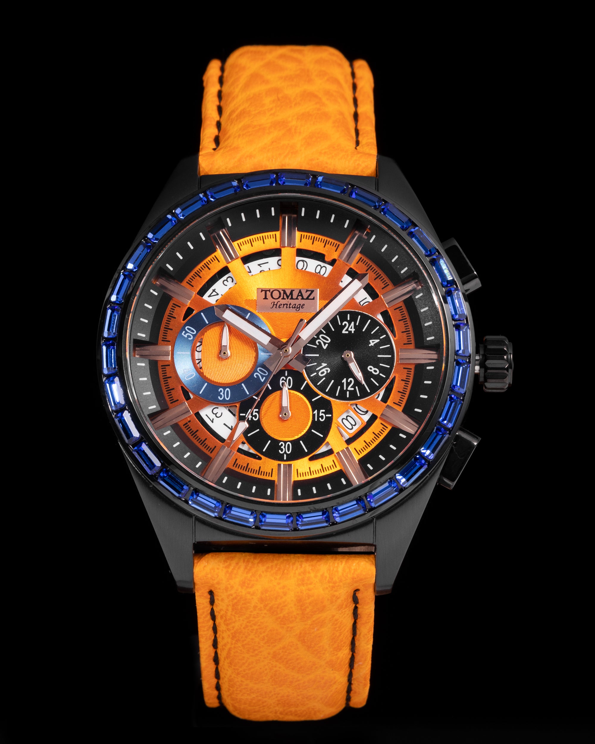 Romeo TW025A-D2 (Hitam/Oren) dengan Swarovski Biru (Tali Kulit Jingga)