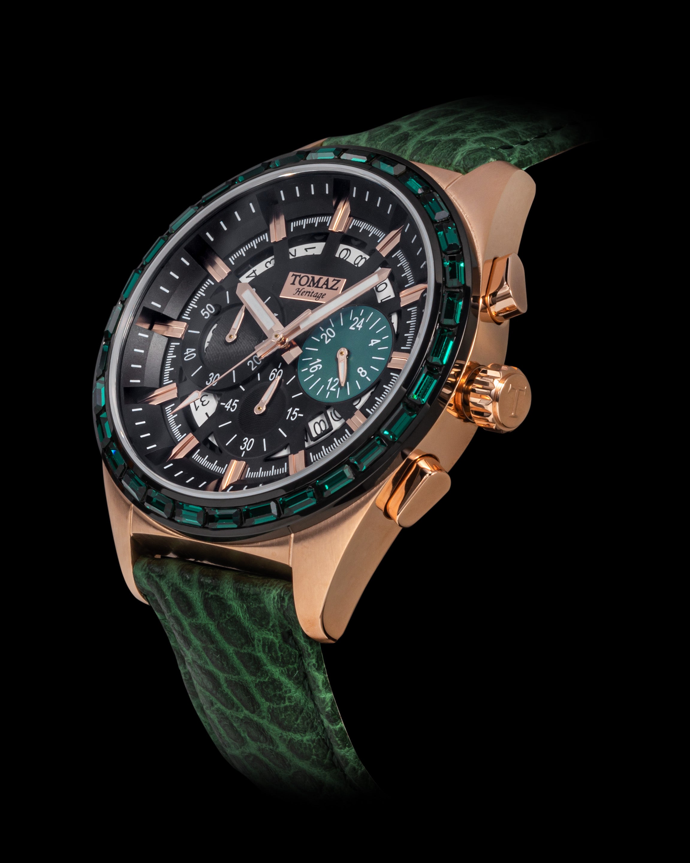 Romeo TW025A-D3 (Rosegold/Green) with Green Crystal (Green Leather Strap)