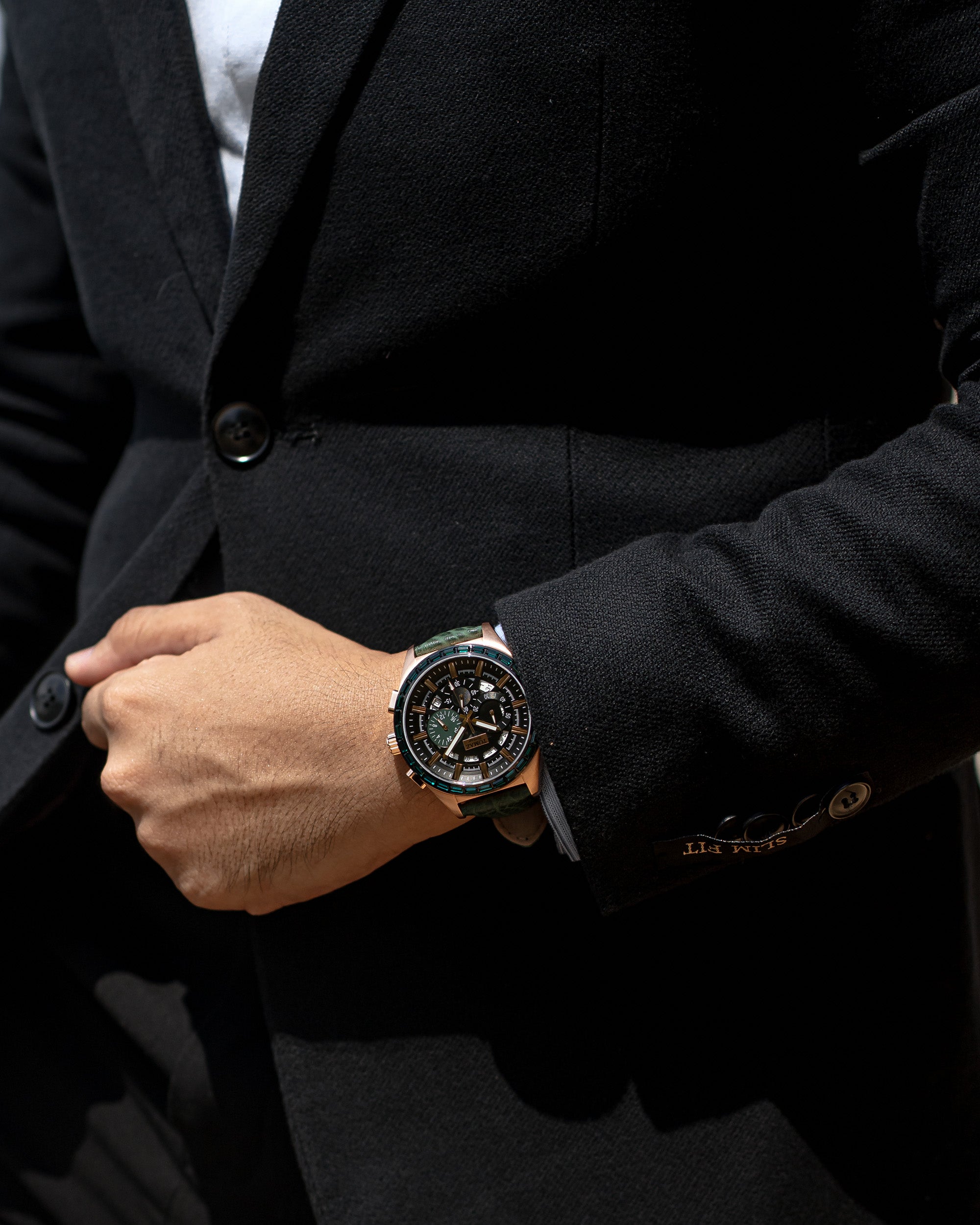 Romeo TW025A-D3 (Rosegold/Hijau) dengan Swarovski Hijau (Tali Kulit Hijau)