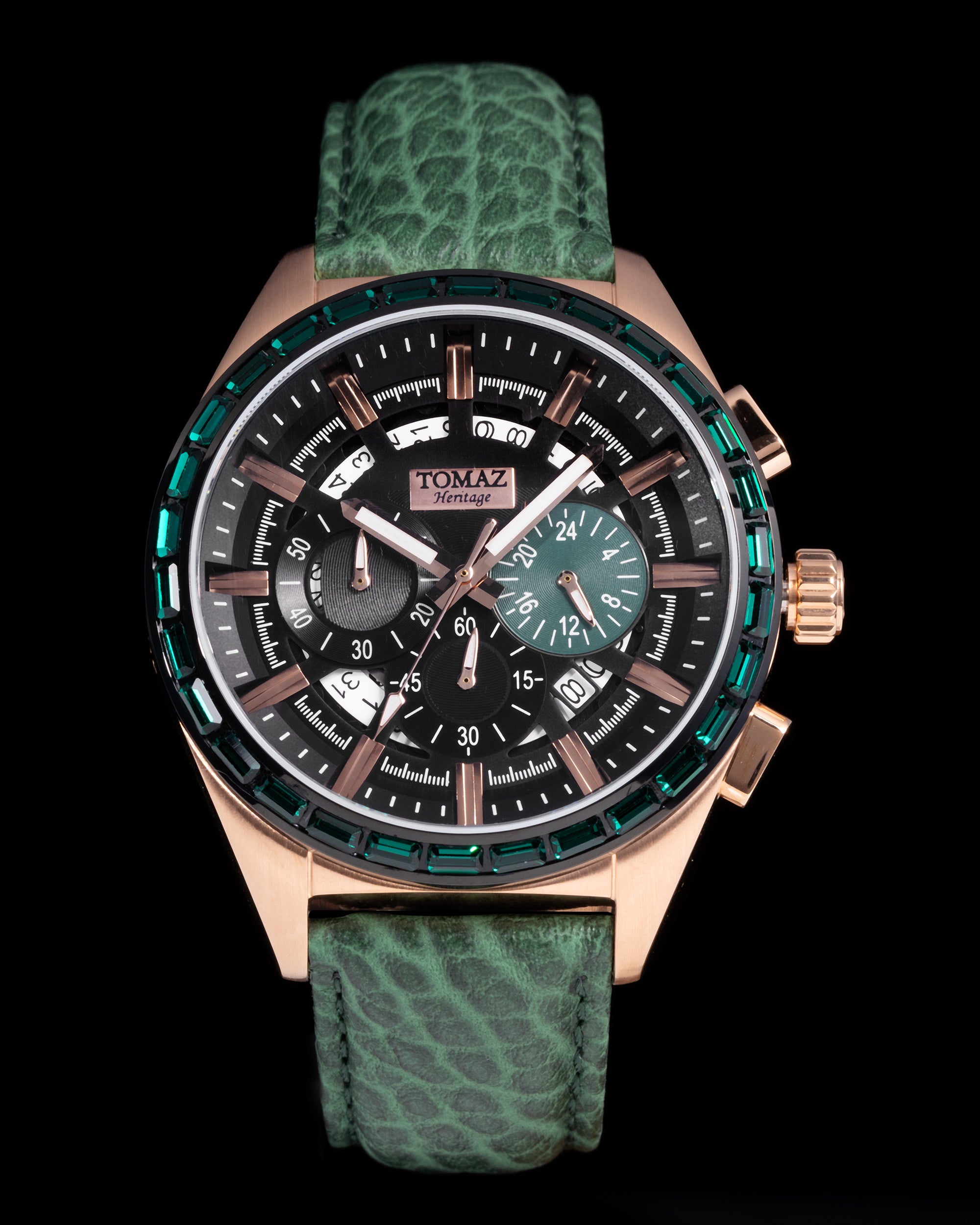Romeo TW025A-D3 (Rosegold/Green) with Green Crystal (Green Leather Strap)